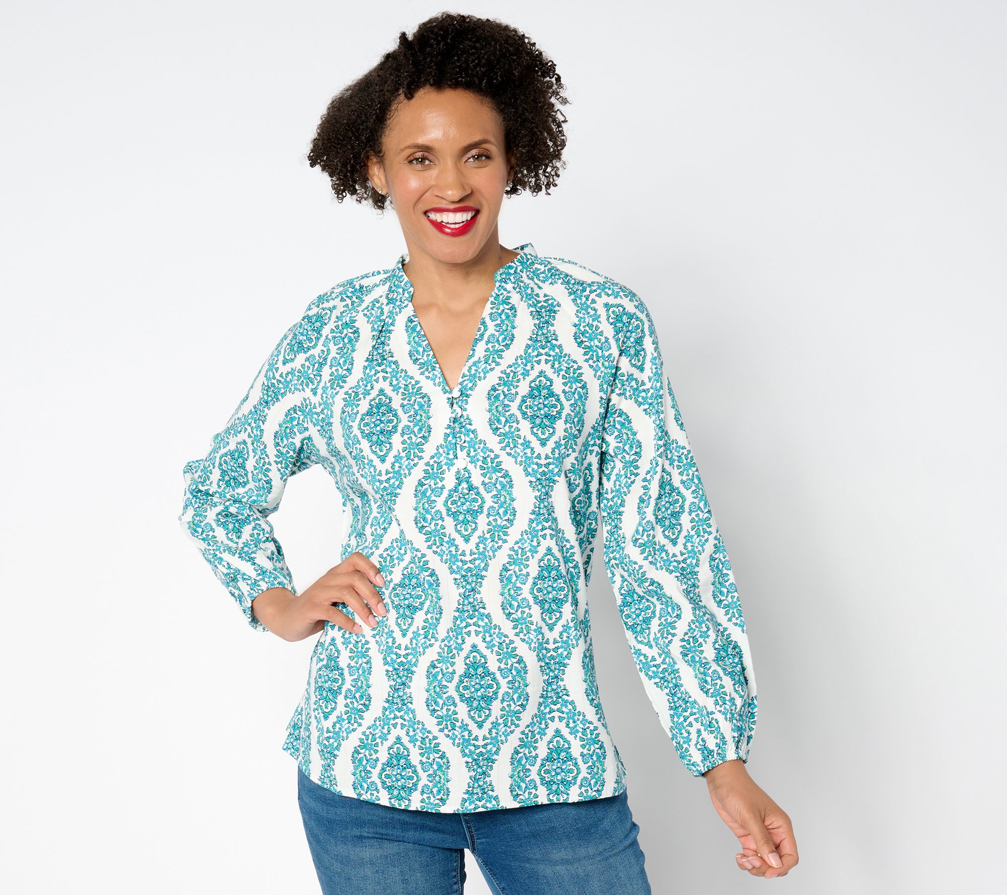 "As Is" Belle by Kim Gravel Floral Ikat Blouson Sleeve Blouse