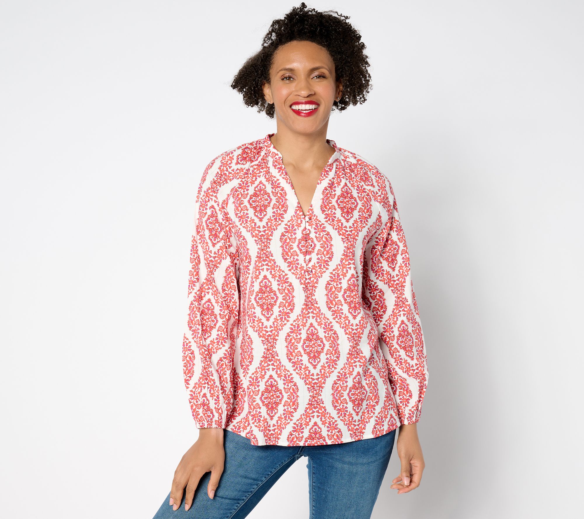 "As Is" Belle by Kim Gravel Floral Ikat Blouson Sleeve Blouse