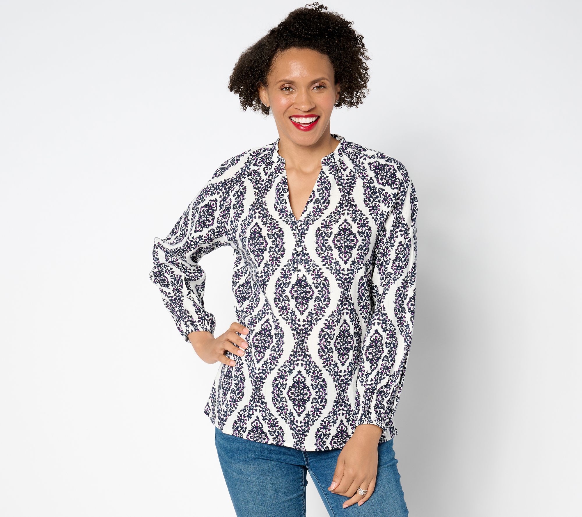 "As Is" Belle by Kim Gravel Floral Ikat Blouson Sleeve Blouse