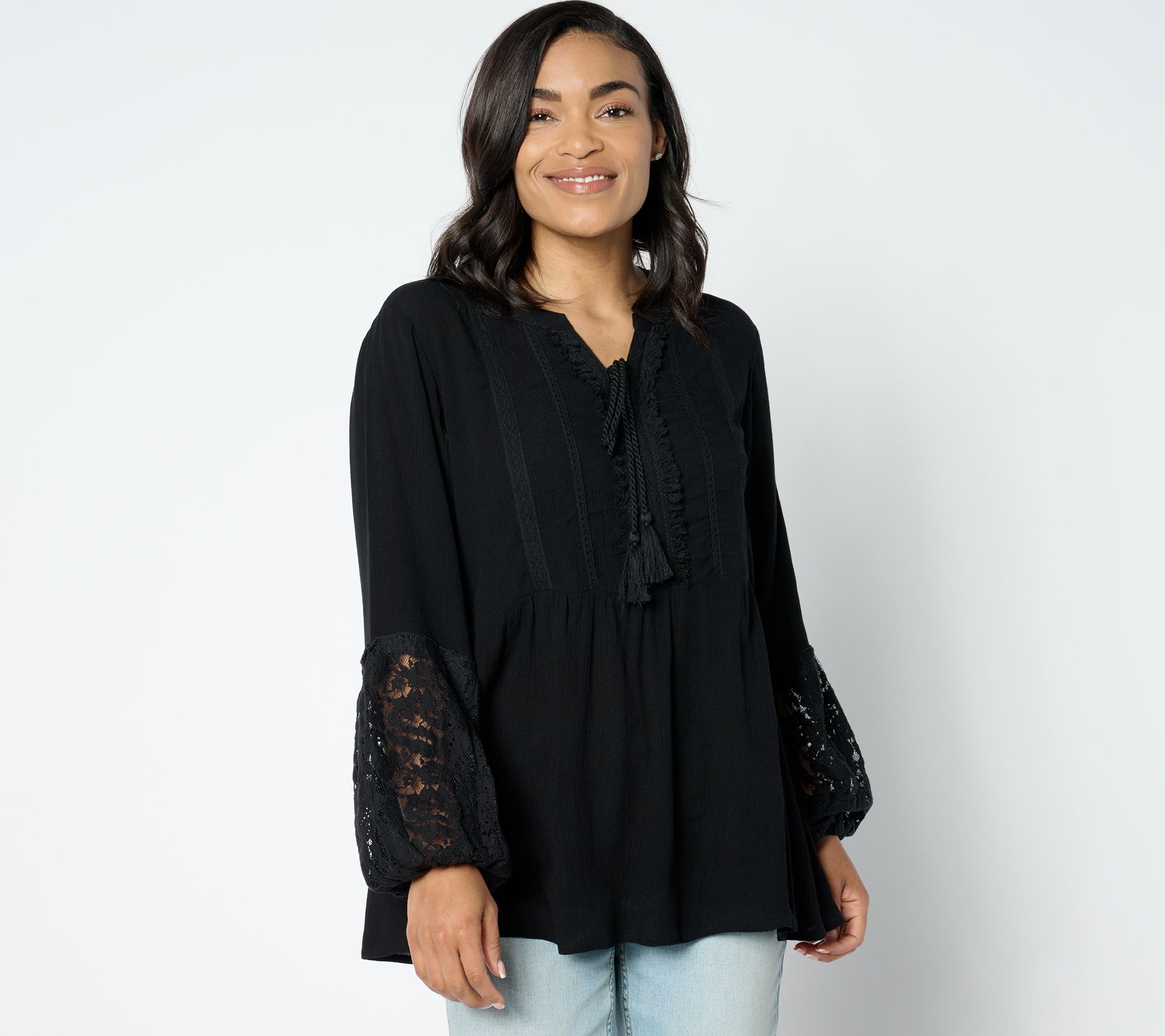 "As Is" Susan Graver Petite PURE Sheer Crinkled Gauze Lace Tunic