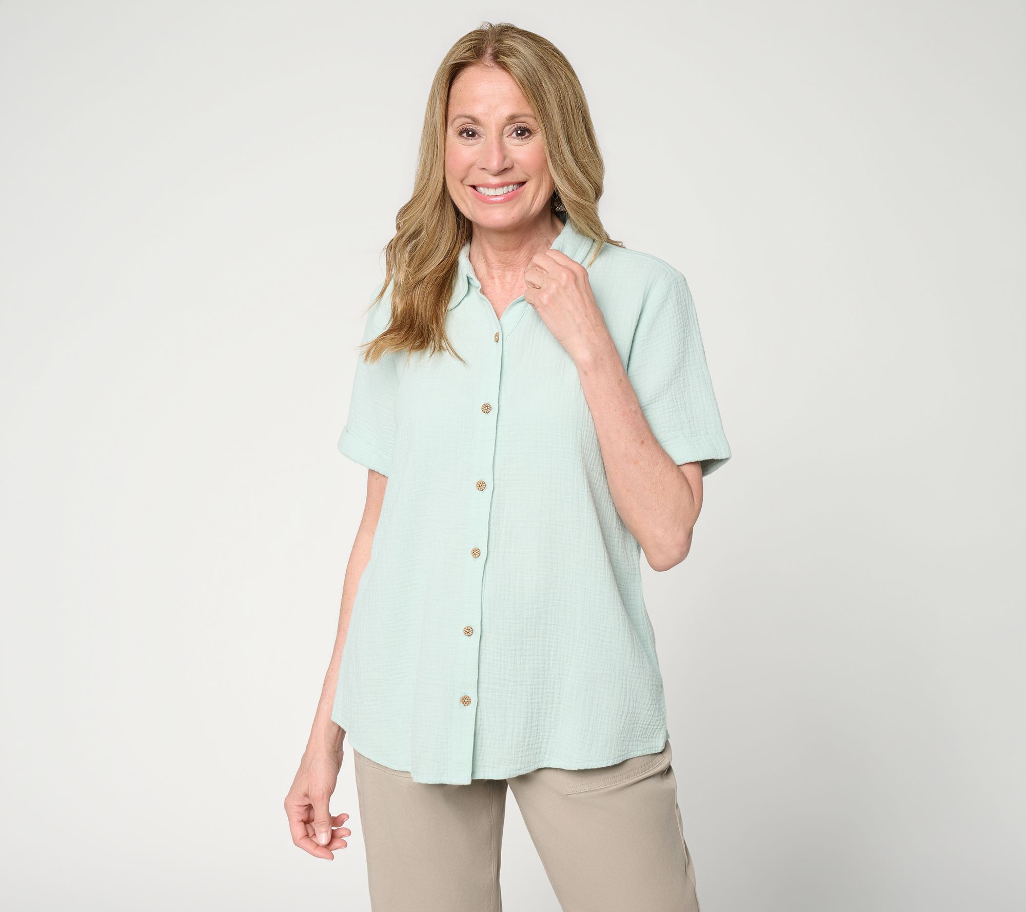 Susan Graver PURE Petite Cotton Gauze Button Front Tunic