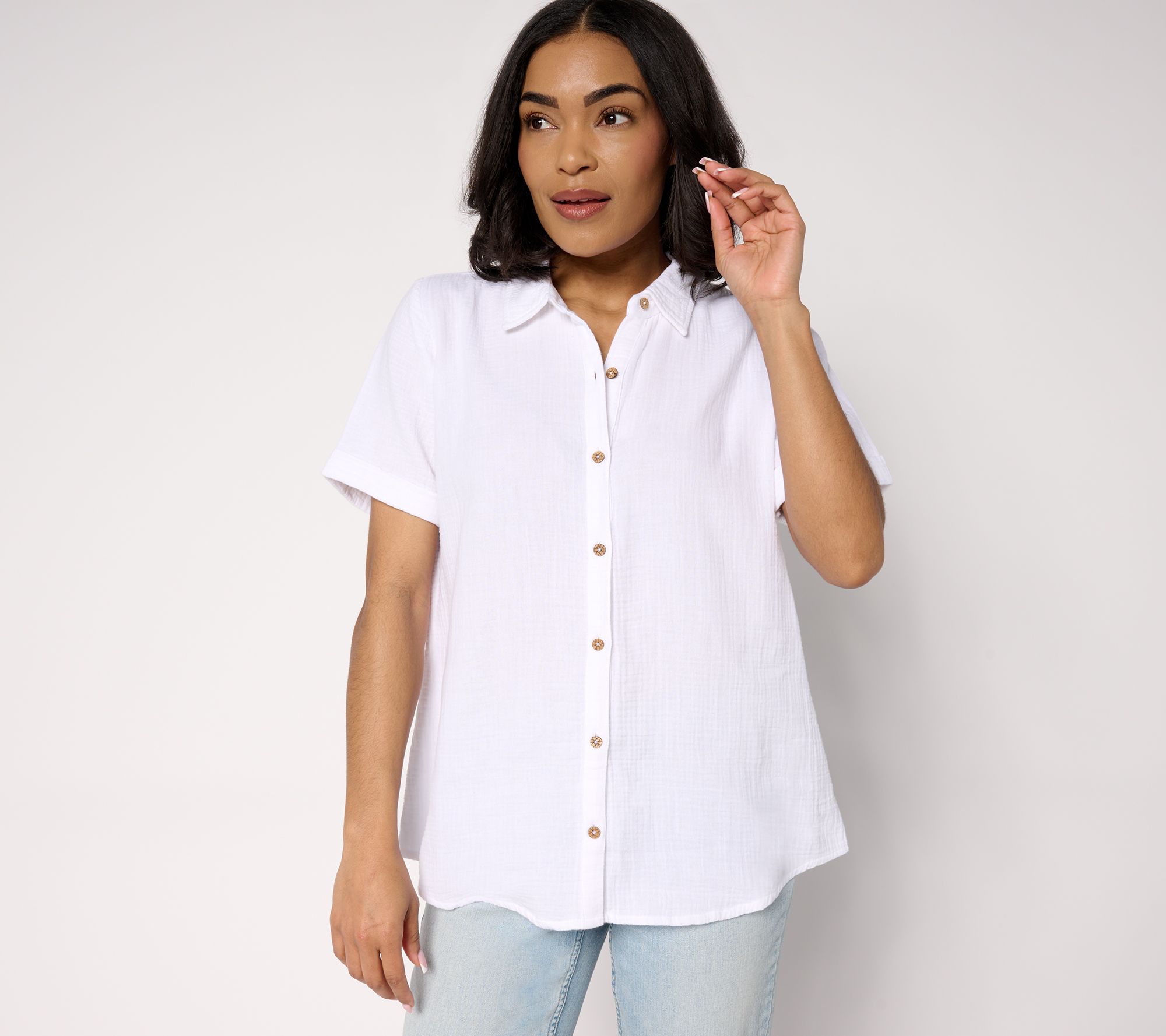 Susan Graver PURE Petite Cotton Gauze Button Front Tunic