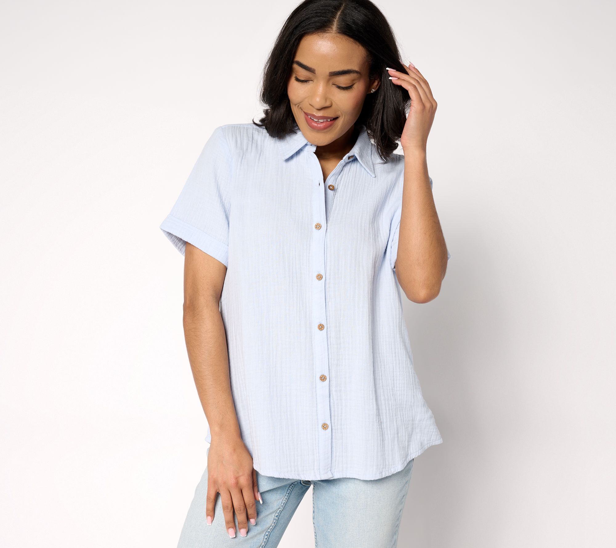 Susan Graver PURE Petite Cotton Gauze Button Front Tunic