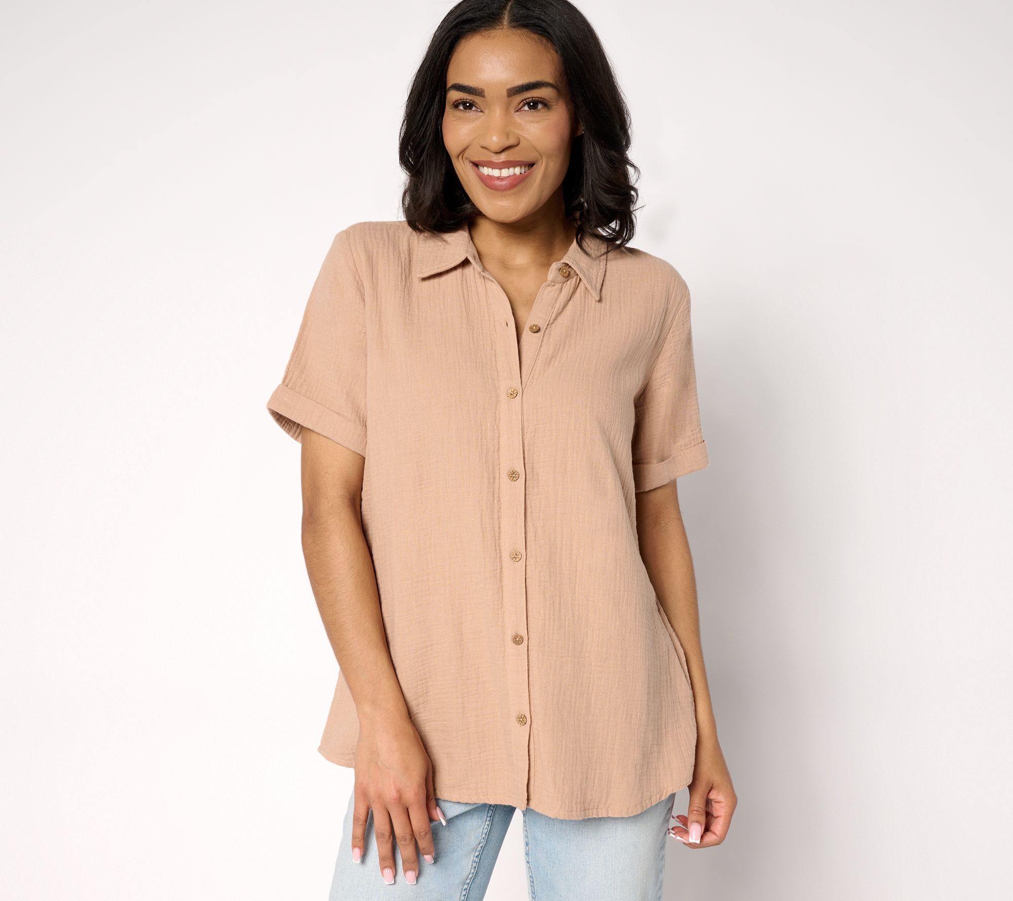 Susan Graver PURE Petite Cotton Gauze Button Front Tunic