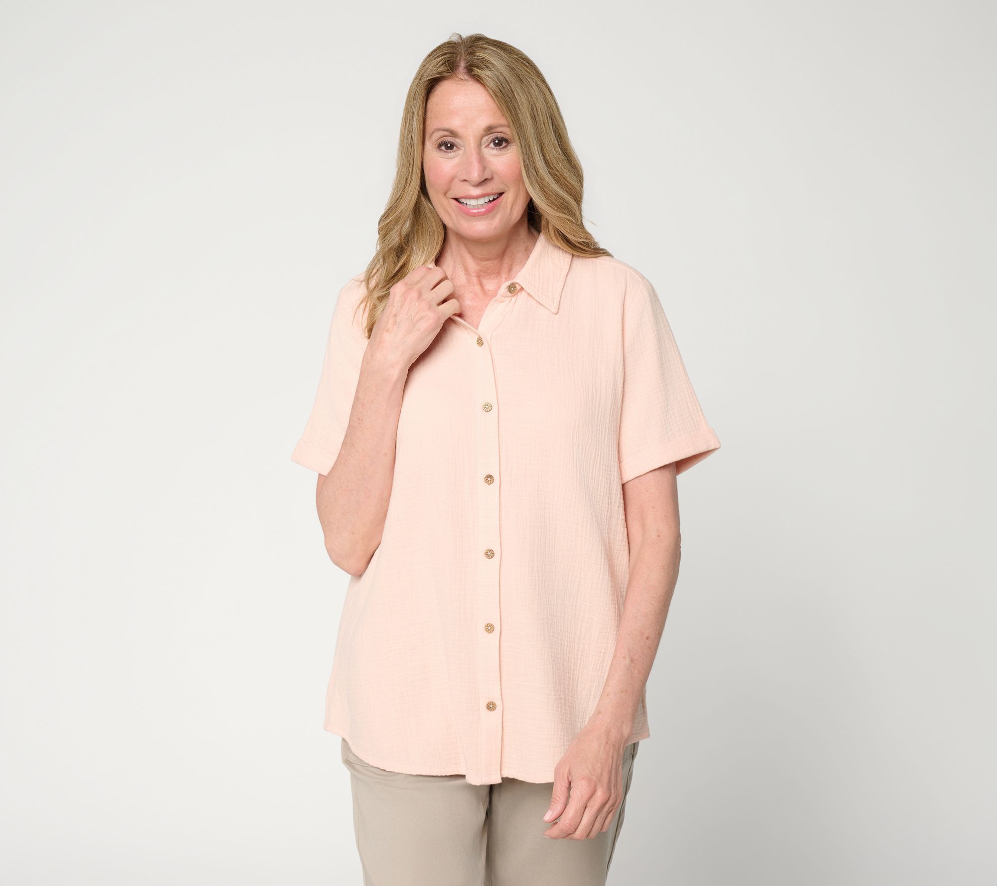 Susan Graver PURE Petite Cotton Gauze Button Front Tunic