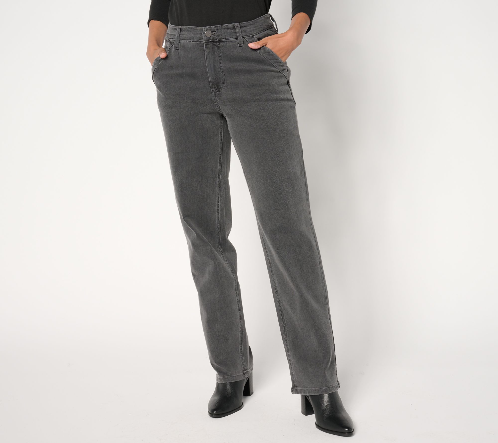 "As Is" Susan Graver Petite Stretch Denim Straight Leg Jean-Grey/Brown