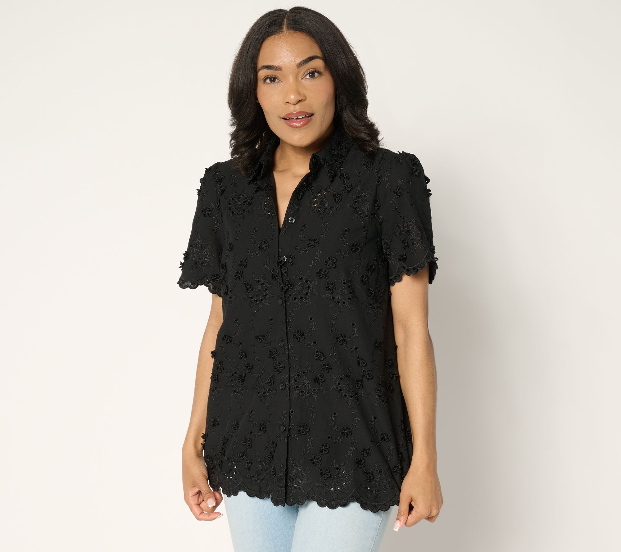Susan Graver PURE Eyelet Applique Button Front Shirt