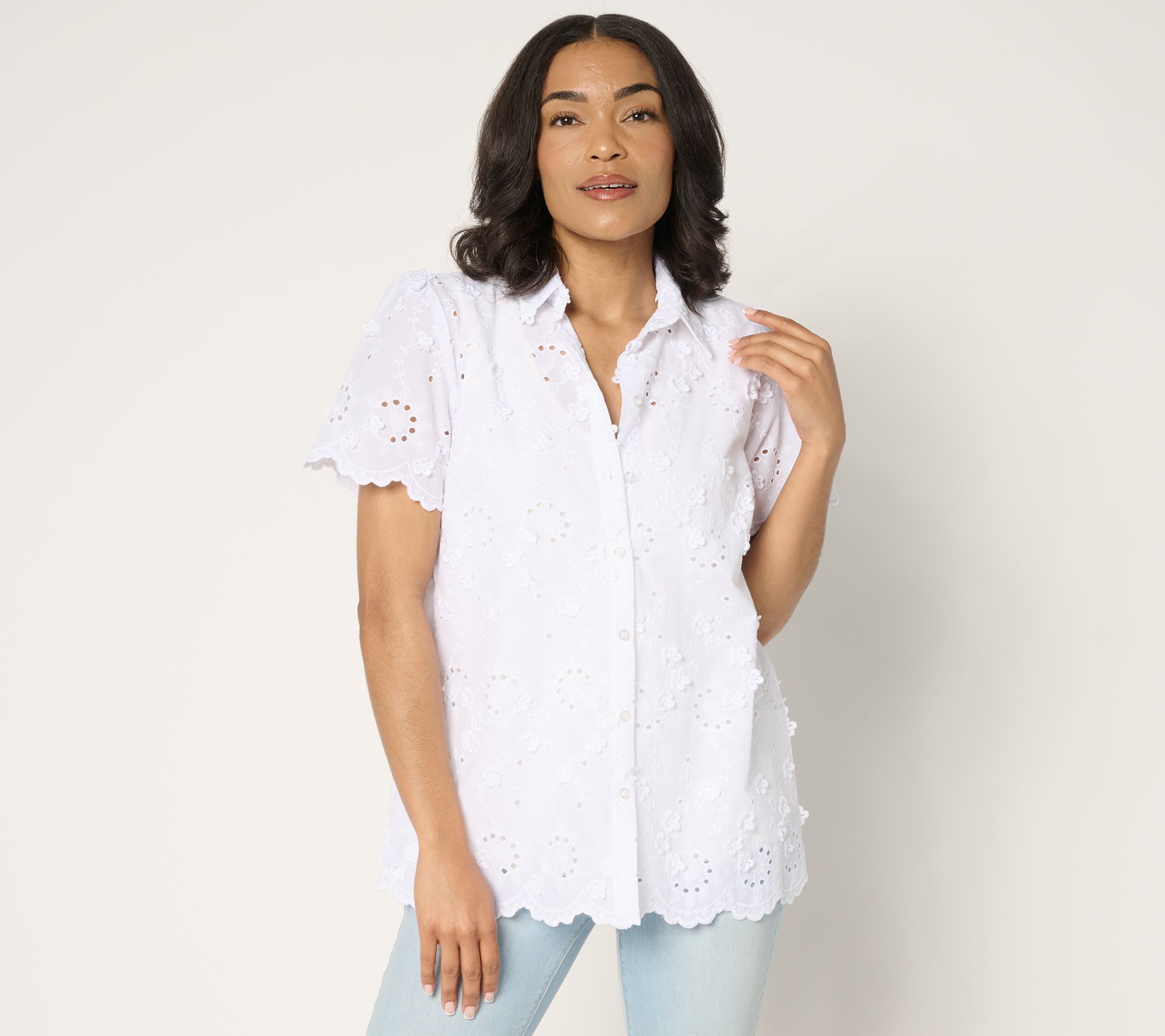 Susan Graver PURE Eyelet Applique Button Front Shirt