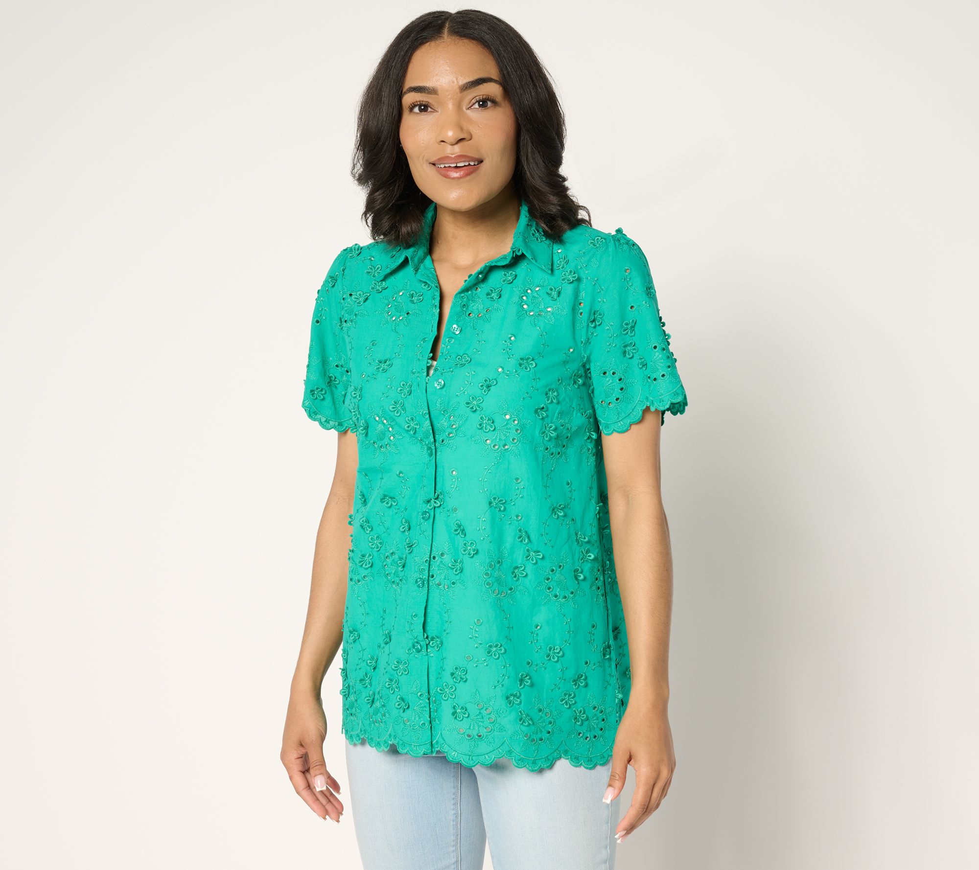 Susan Graver PURE Eyelet Applique Button Front Shirt