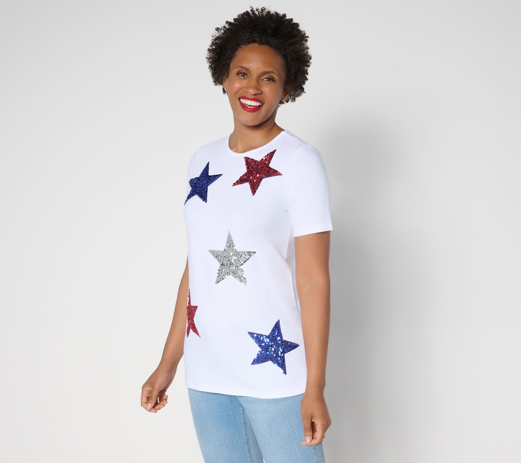 Quacker Factory Lucky Stars Sequin Short Sleeve Top
