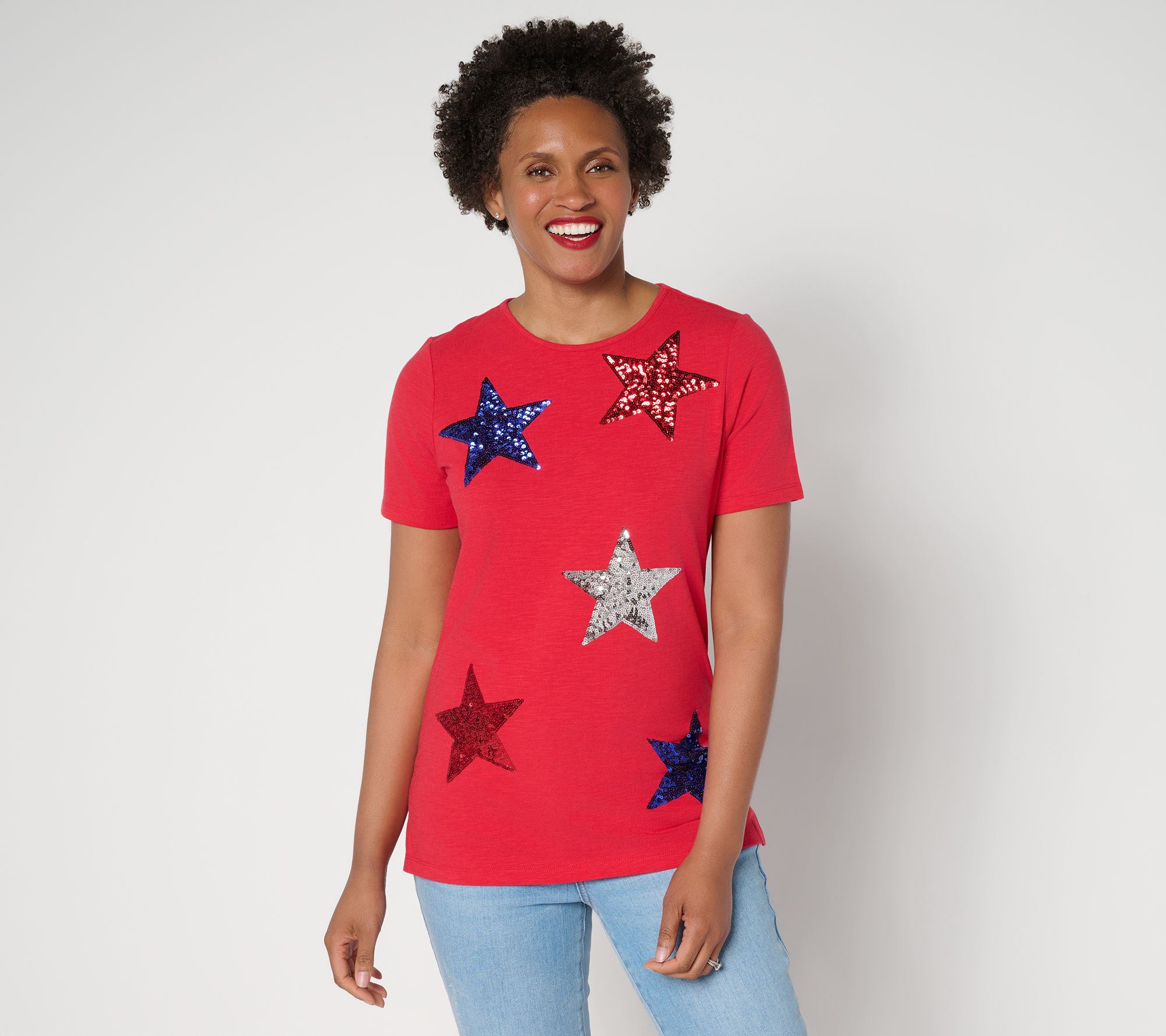 Quacker Factory Lucky Stars Sequin Short Sleeve Top