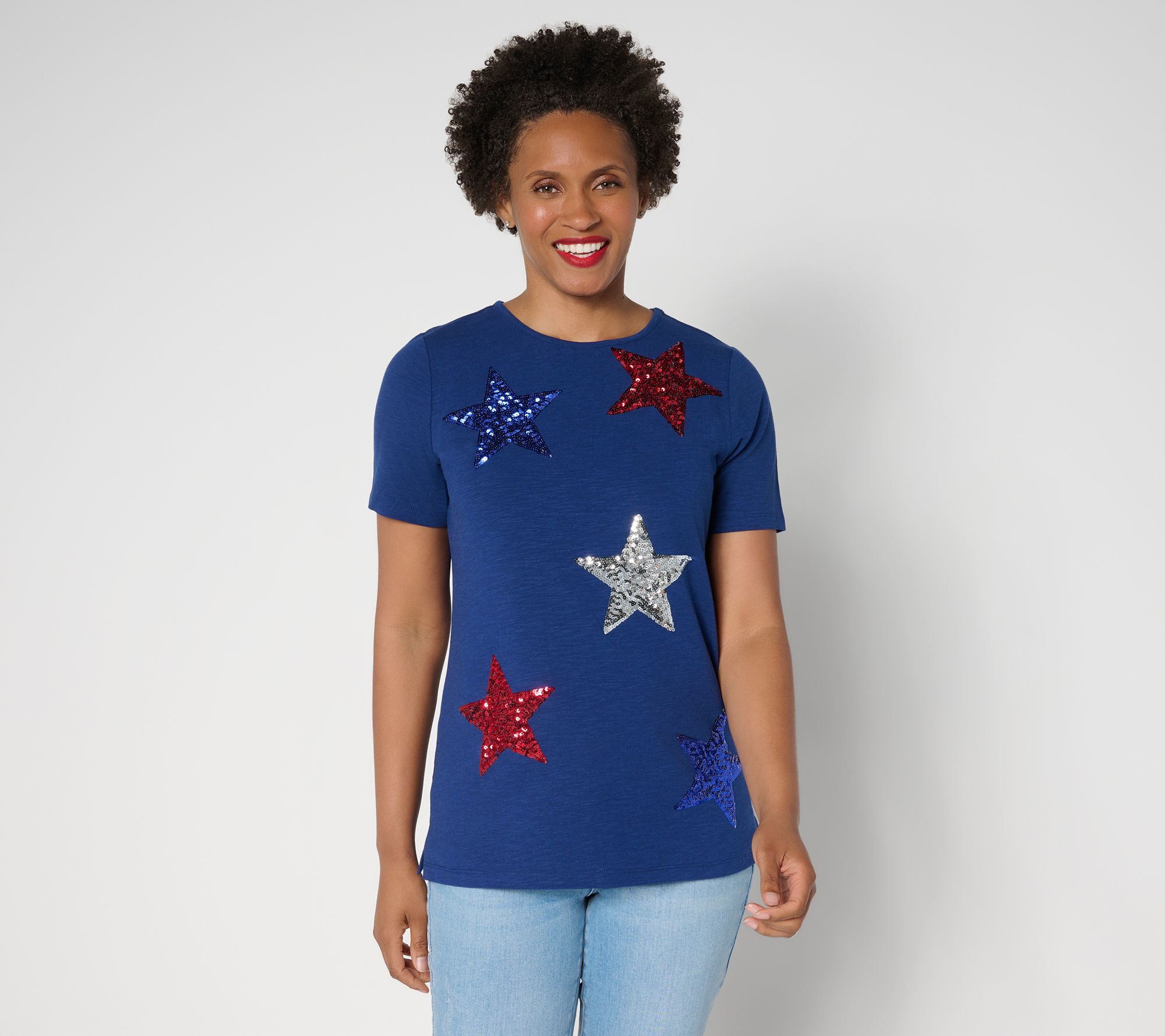 Quacker Factory Lucky Stars Sequin Short Sleeve Top