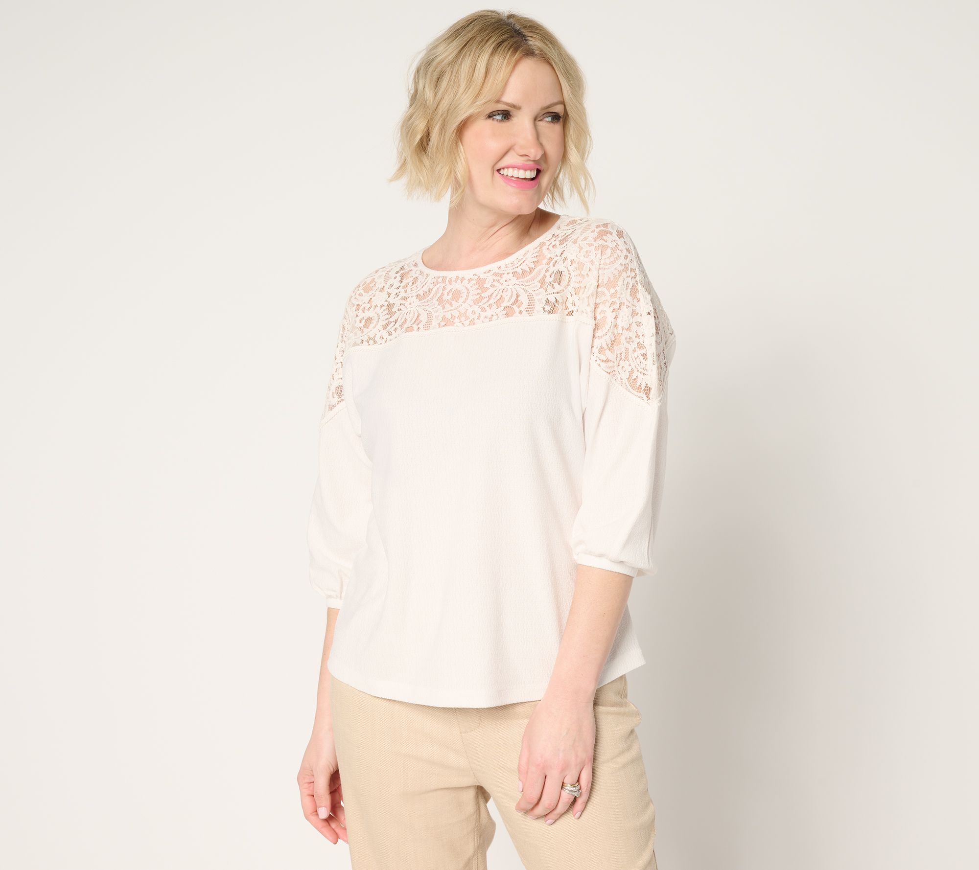 BEAUTIFUL by Lawrence Zarian The Holly Lace Crew Neck 3/4 Sleeve Top