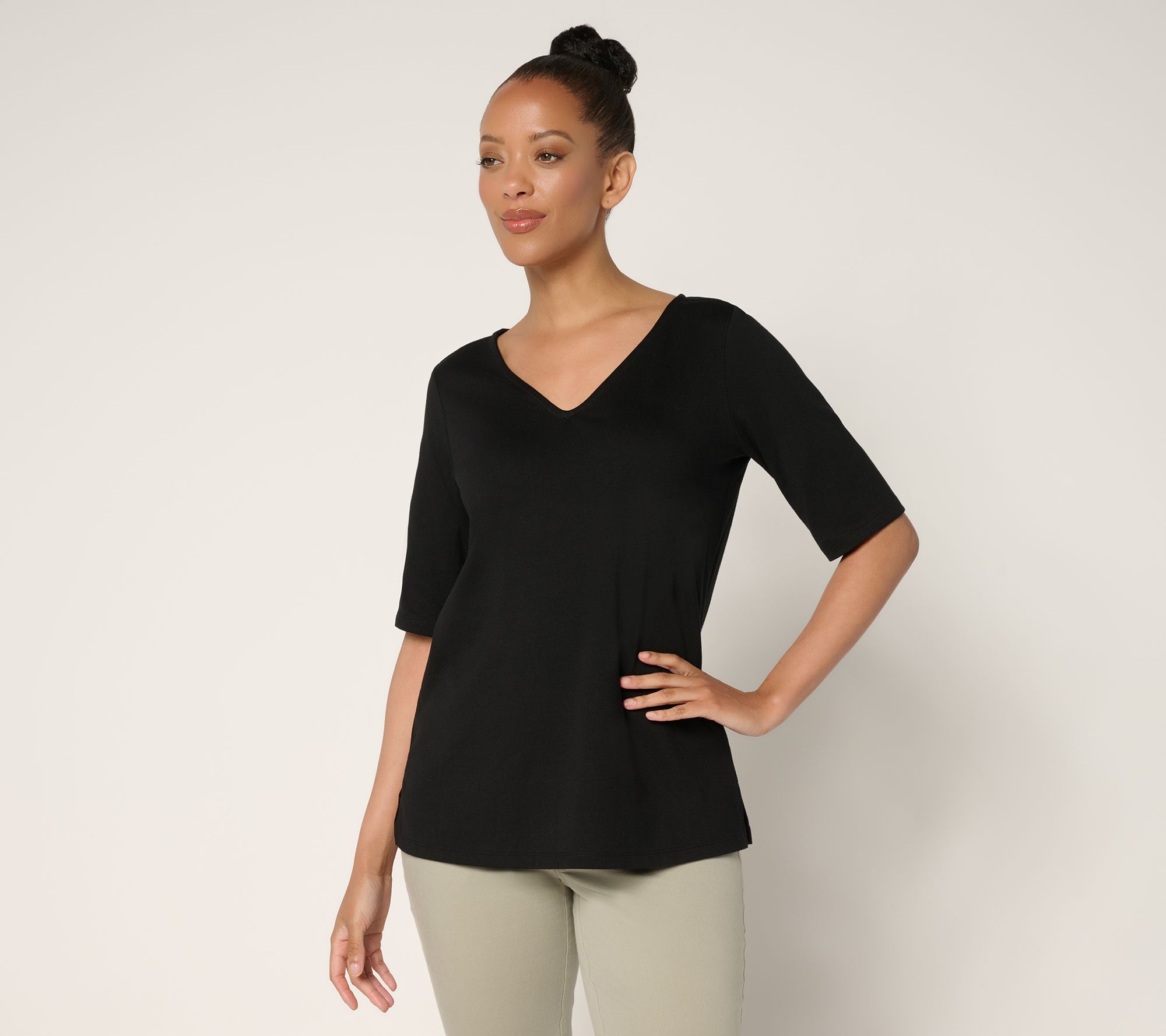 Belle by Kim Gravel Jersey Elbow Sleeve V Neck Top
