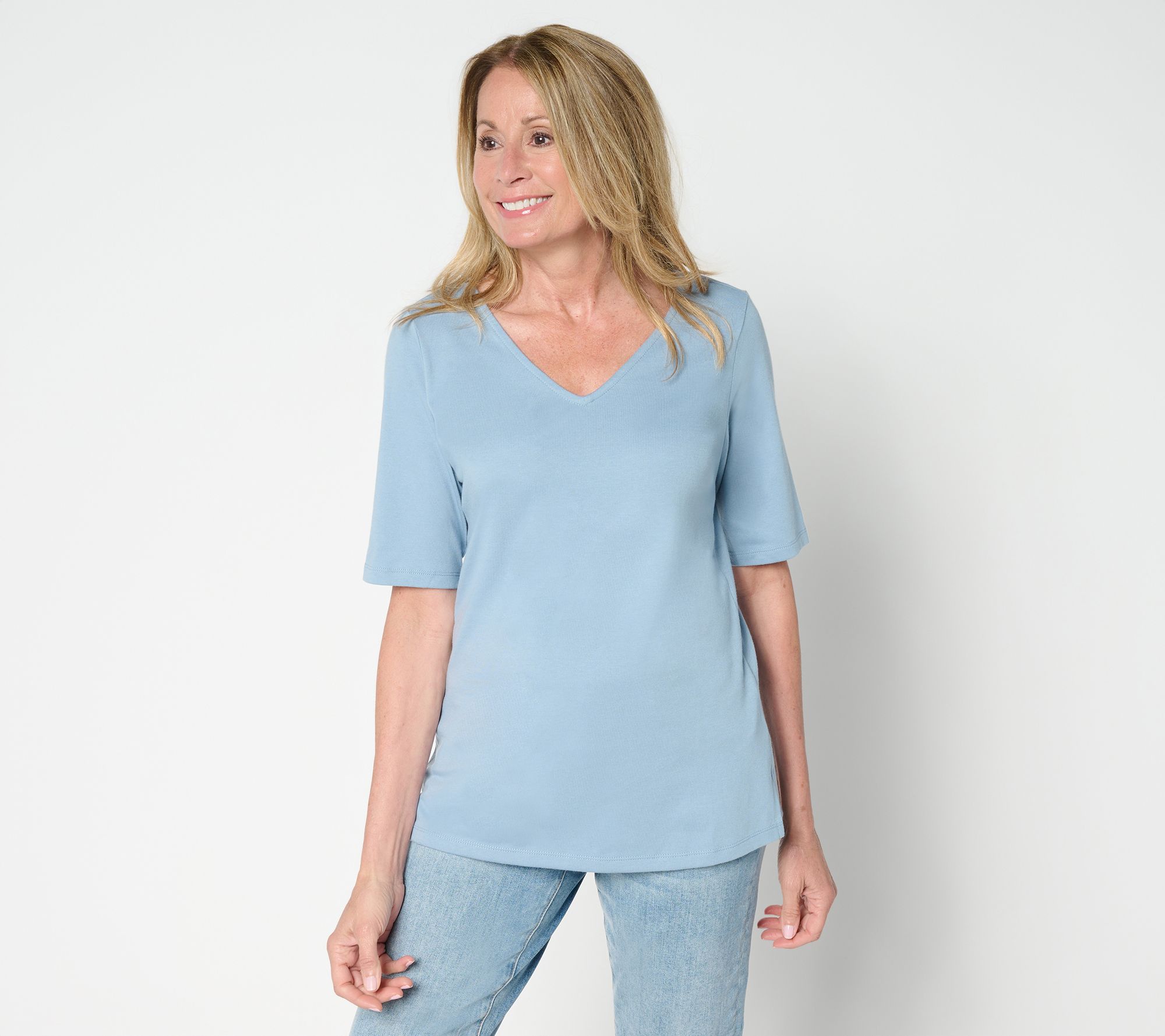 Belle by Kim Gravel Jersey Elbow Sleeve V Neck Top