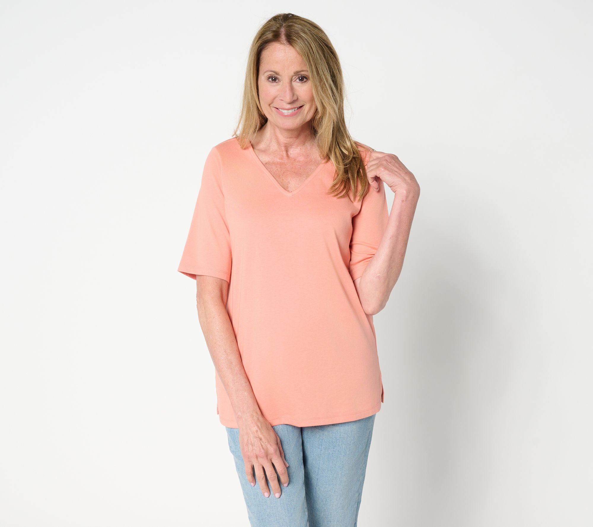 Belle by Kim Gravel Jersey Elbow Sleeve V Neck Top