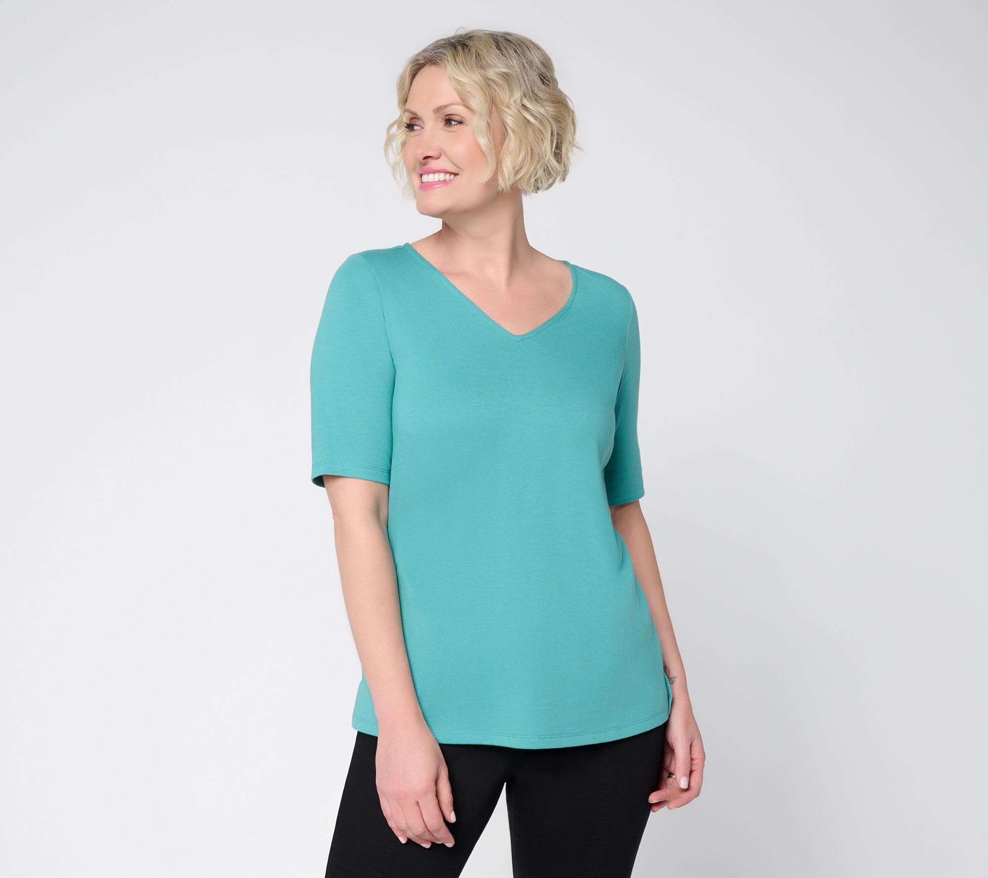 Belle by Kim Gravel Jersey Elbow Sleeve V Neck Top