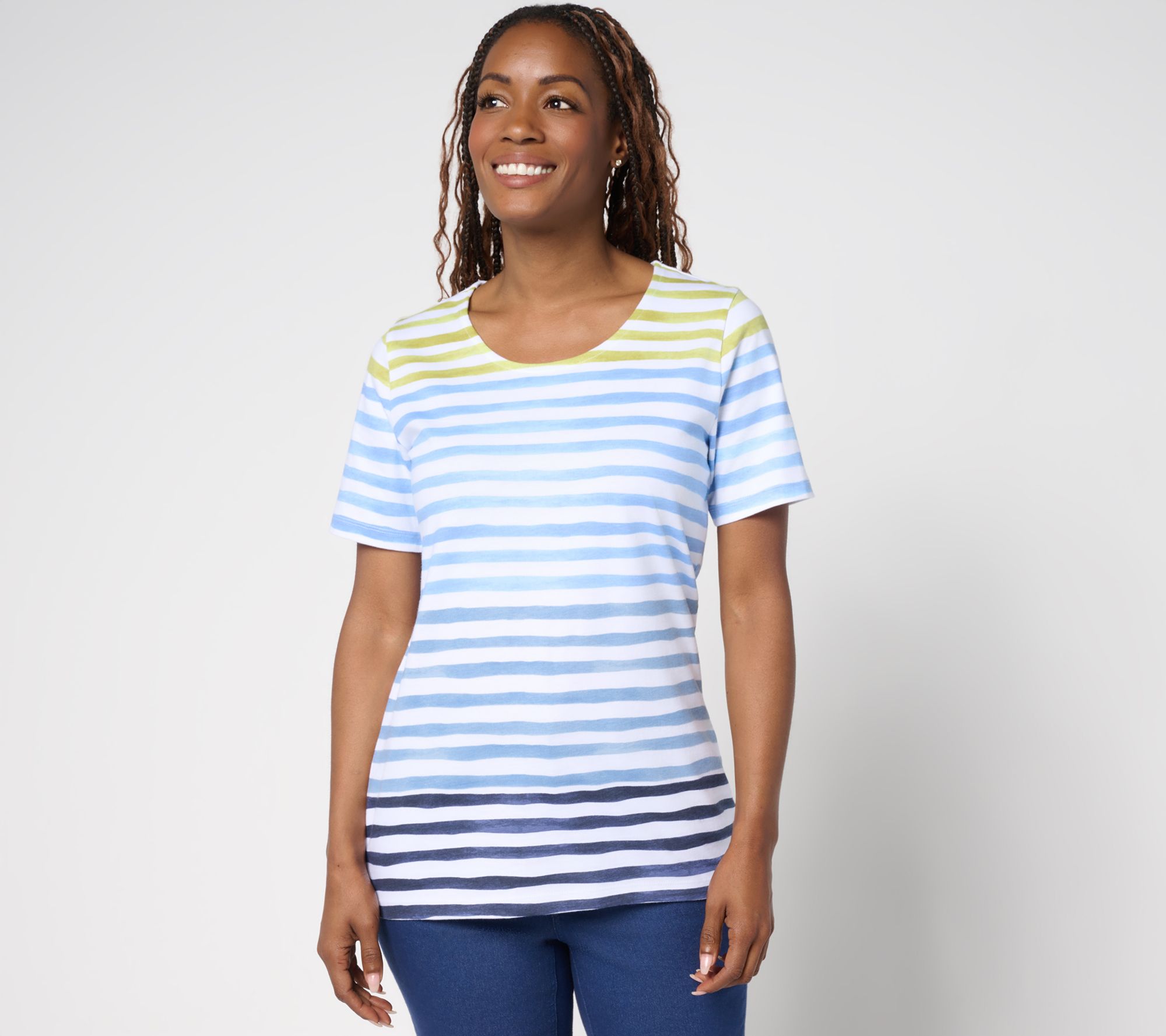 Denim & Co. Active Textured Cotton Short Sleeve Striped Top