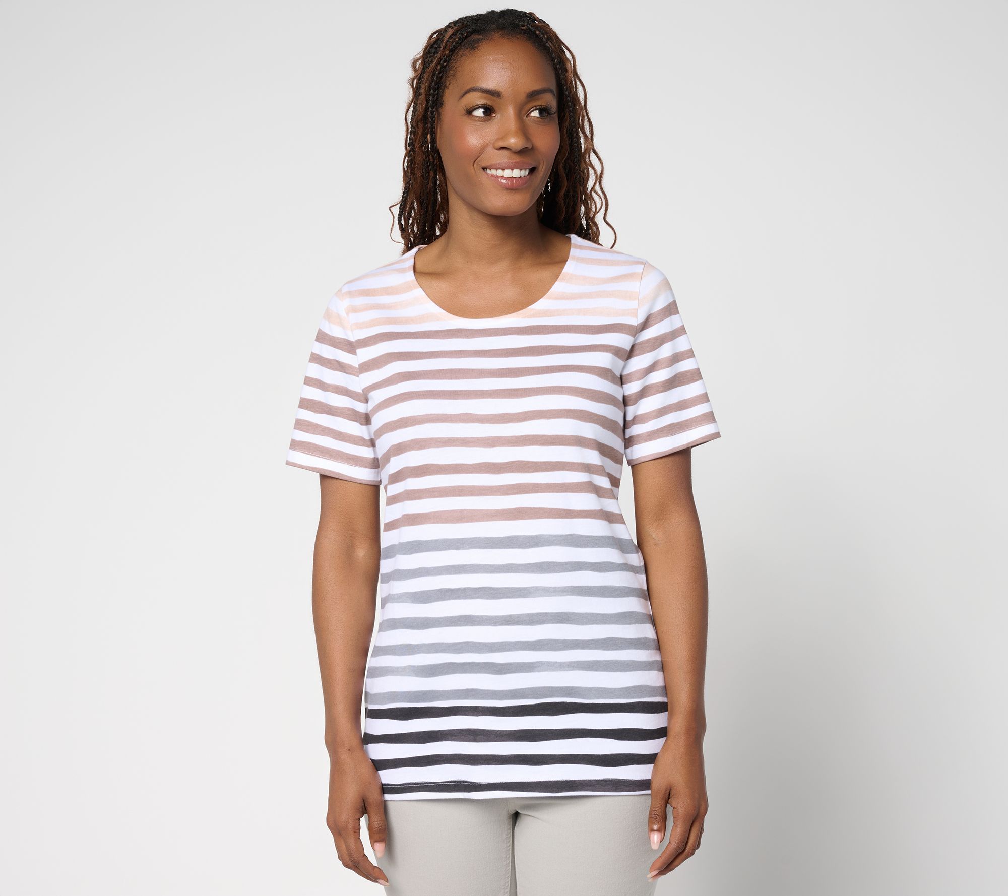 Denim & Co. Active Textured Cotton Short Sleeve Striped Top
