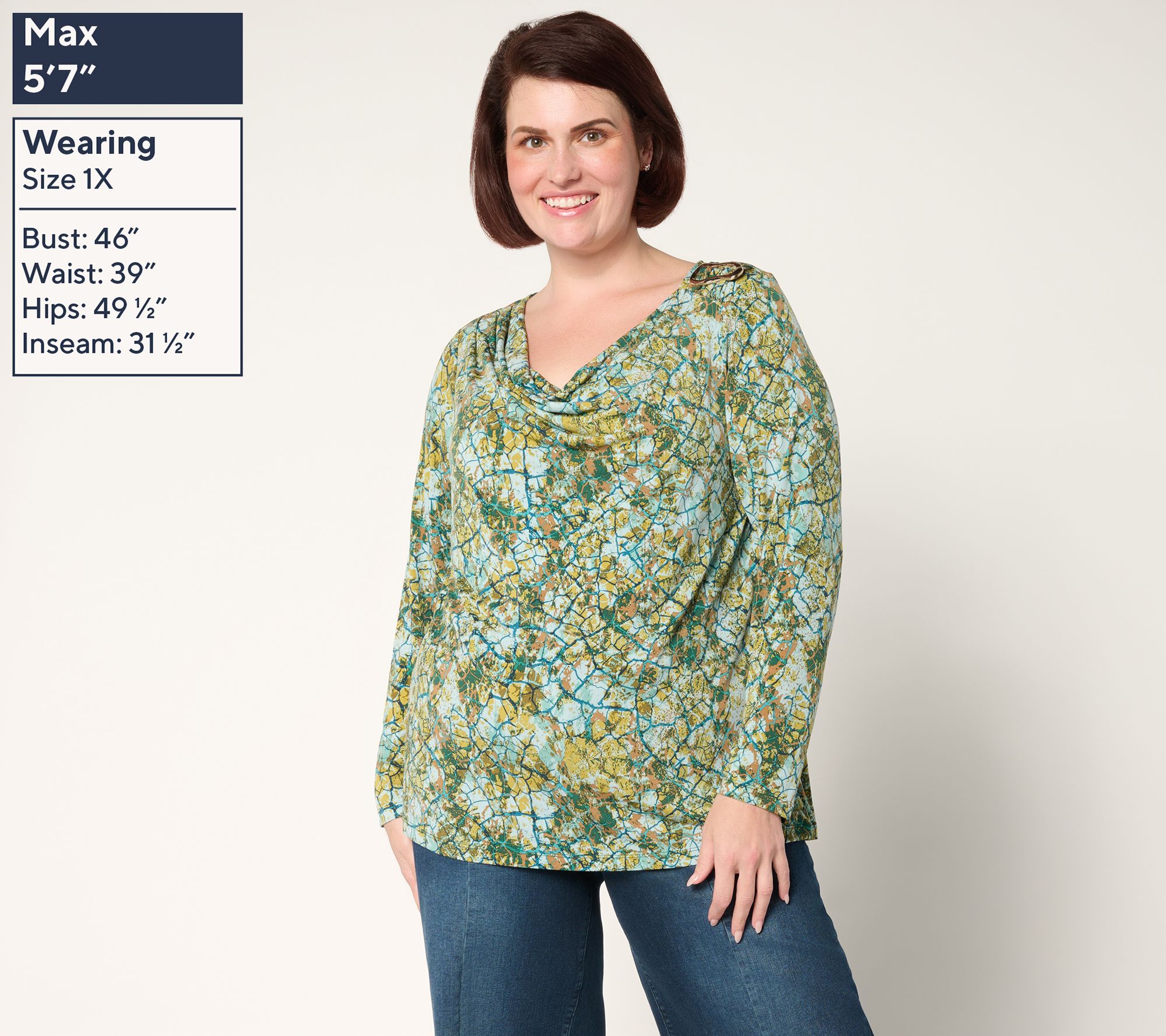 ⭐︎ Cherie⭐︎ Susan Graver Printed Liquid Knit Cowl-Neck Long-Sleeve Top w