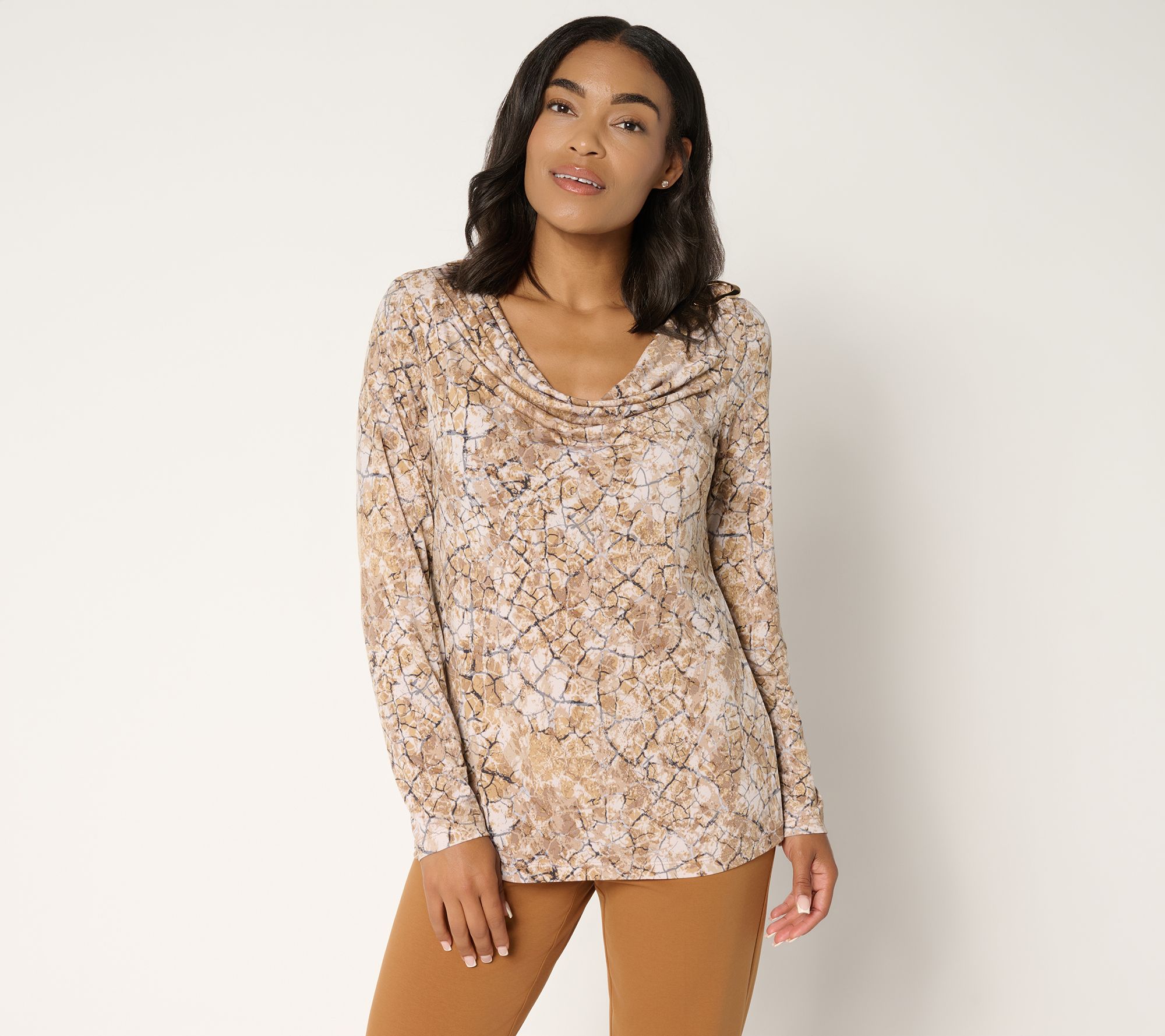 Susan Graver Printed Liquid Knit Cowl-Neck Long-Sleeve Top w/ Buckle Trim