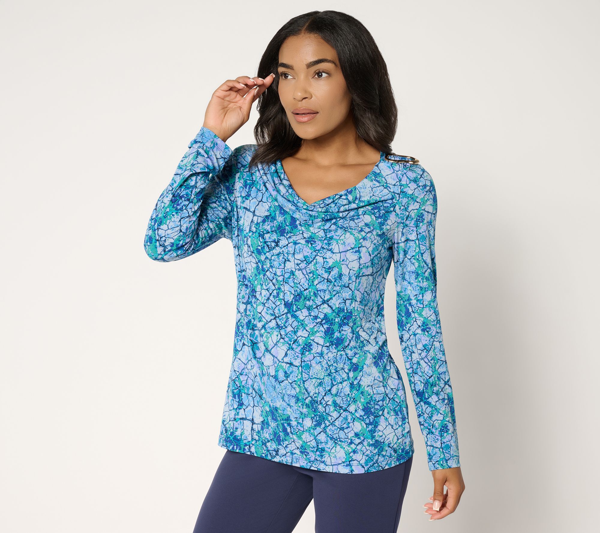 Susan Graver Printed Liquid Knit Cowl-Neck Long-Sleeve Top w/ Buckle Trim