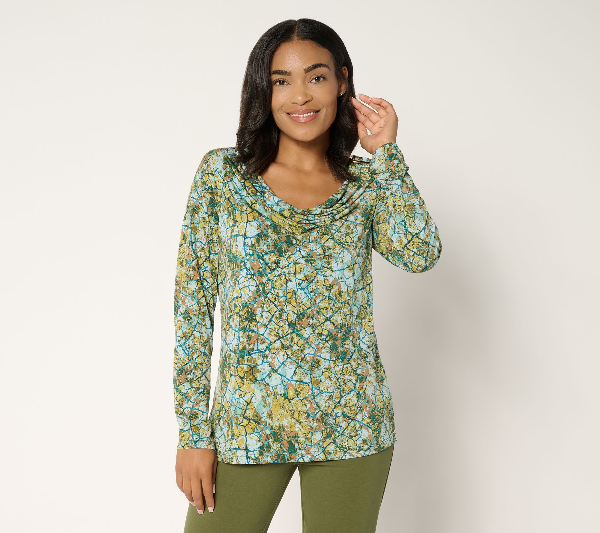 Susan Graver Printed Liquid Knit Cowl-Neck Long-Sleeve Top w/ Buckle Trim