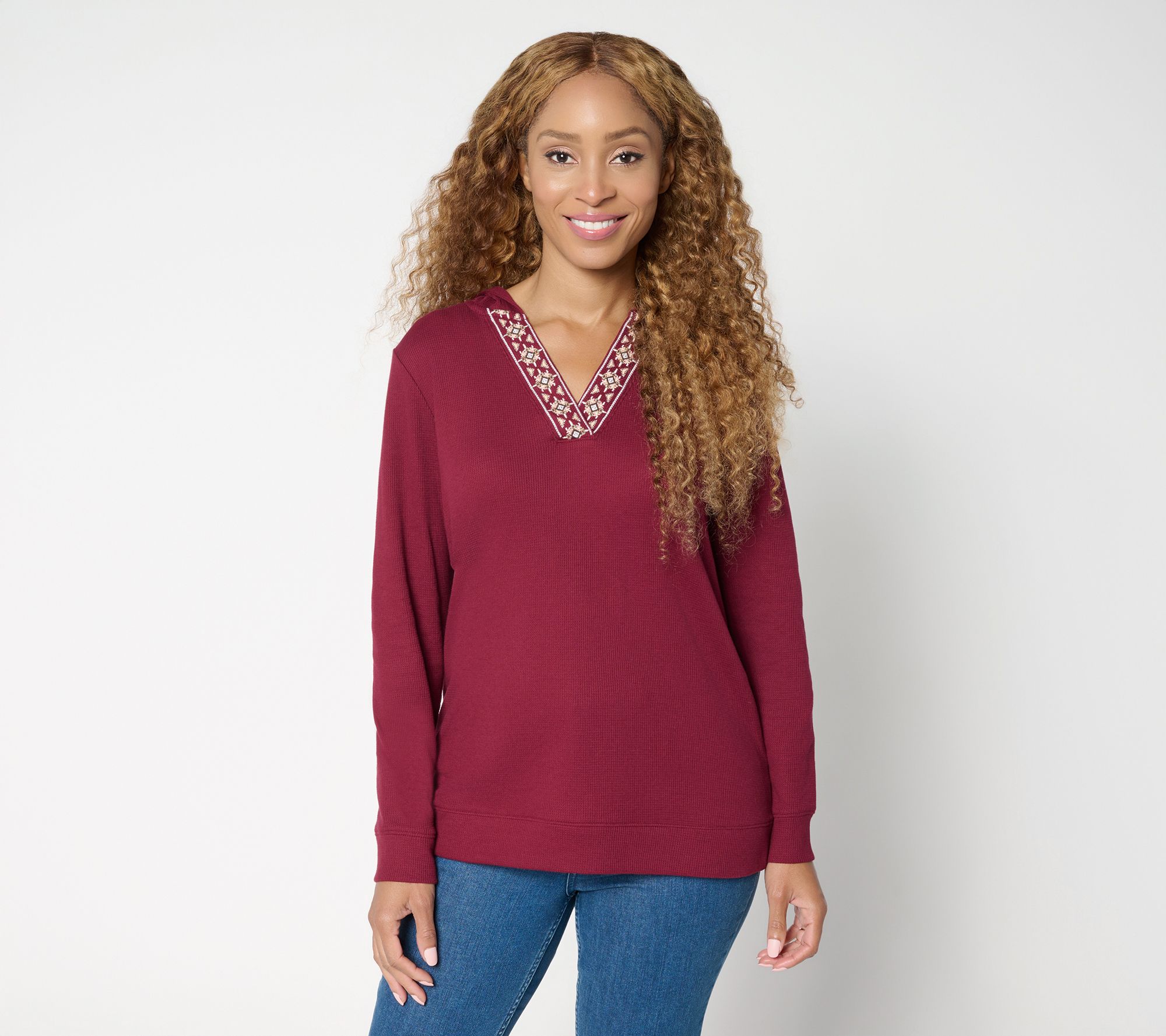 Denim & Co. Waffle Knit V-Neck Hooded Top