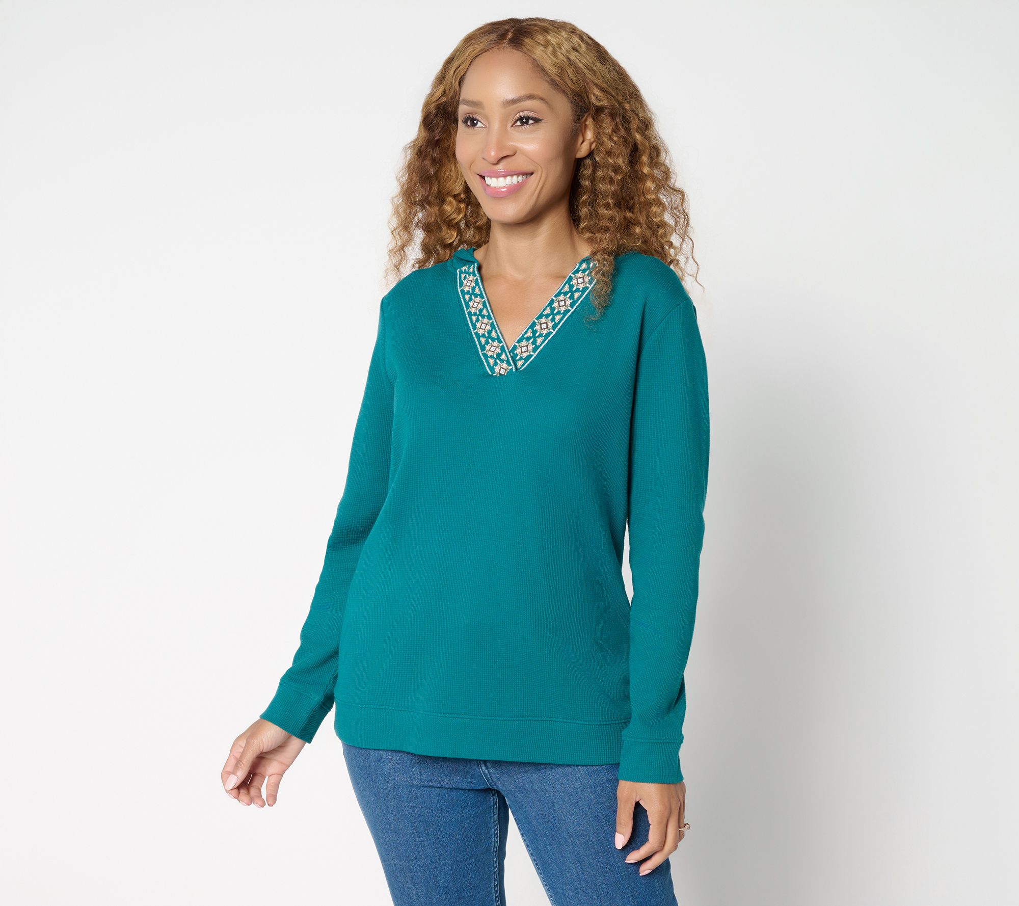 Denim & Co. Waffle Knit V-Neck Hooded Top