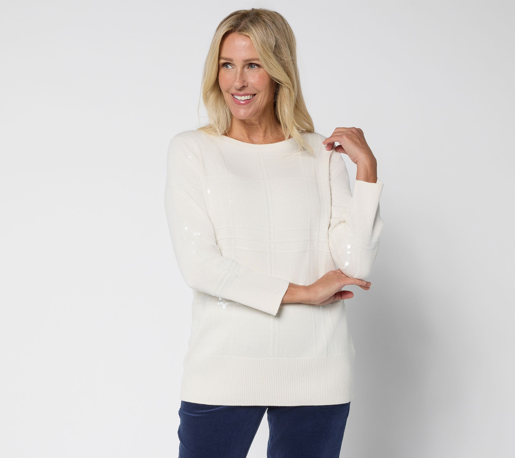 Denim & Co. Plaid Sequin Boat Neck Bracelet Sleeve Sweater