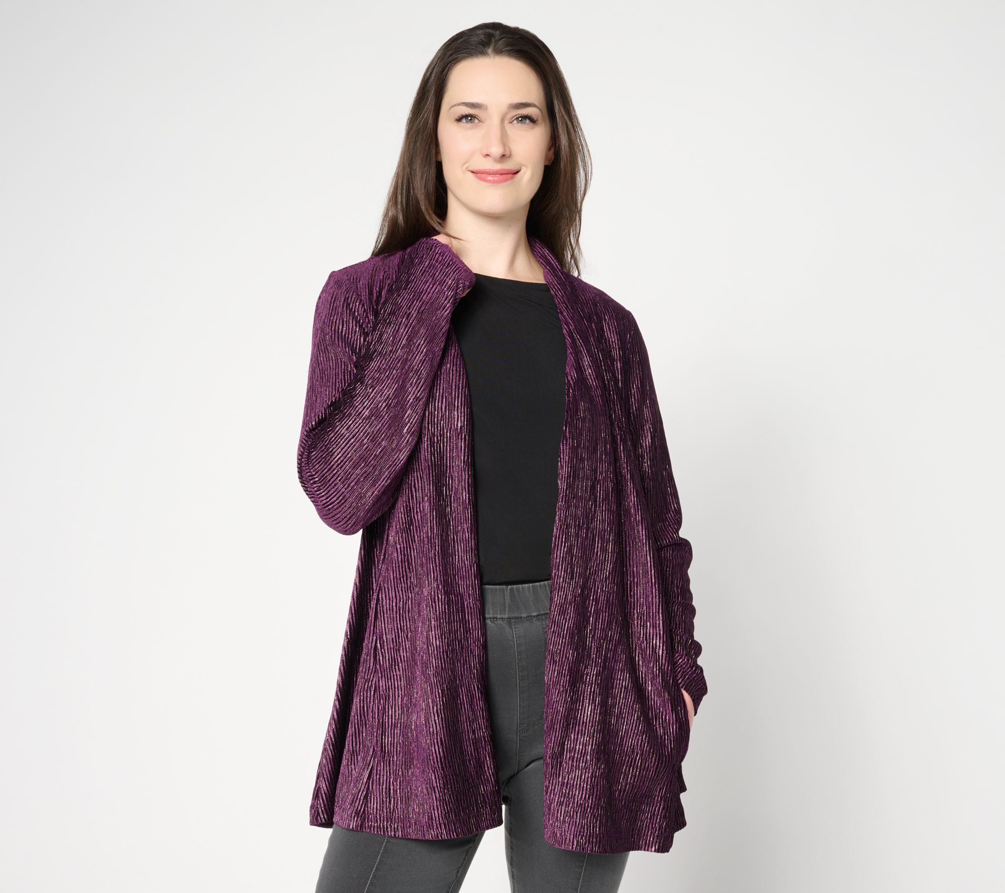 Susan Graver Petite Foiled Textured Knit Open Front Cardigan
