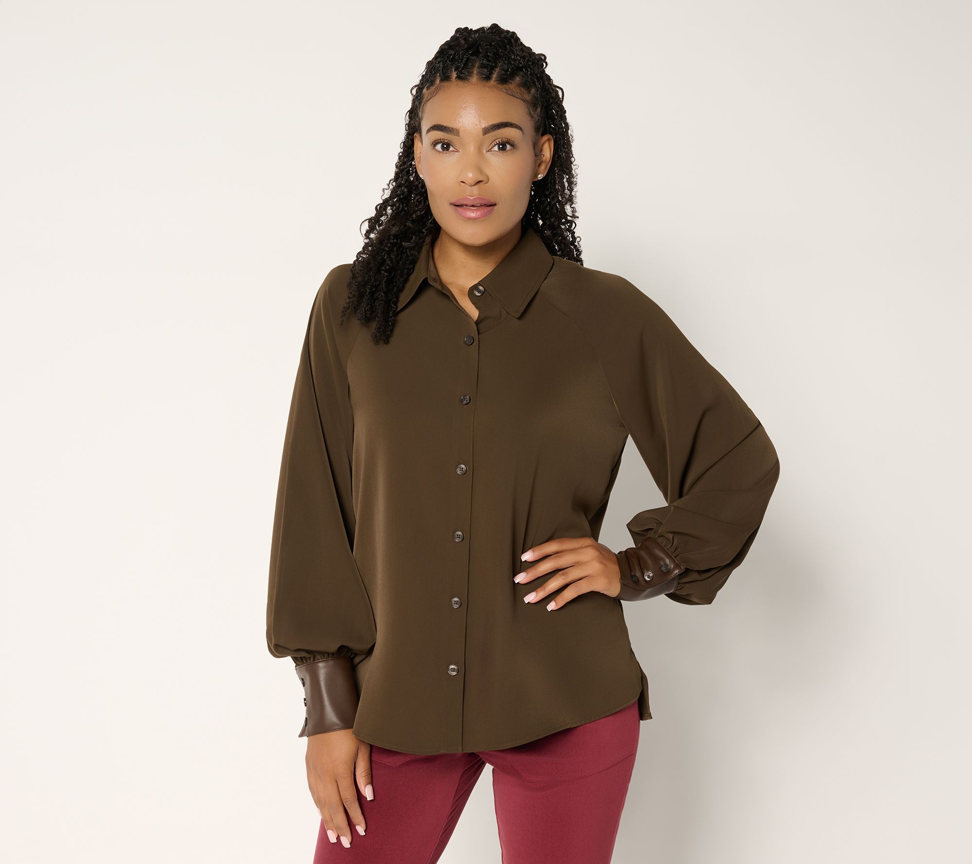 Martha Stewart Signature Raglan Sleeve Blouse with Leather Cuffs