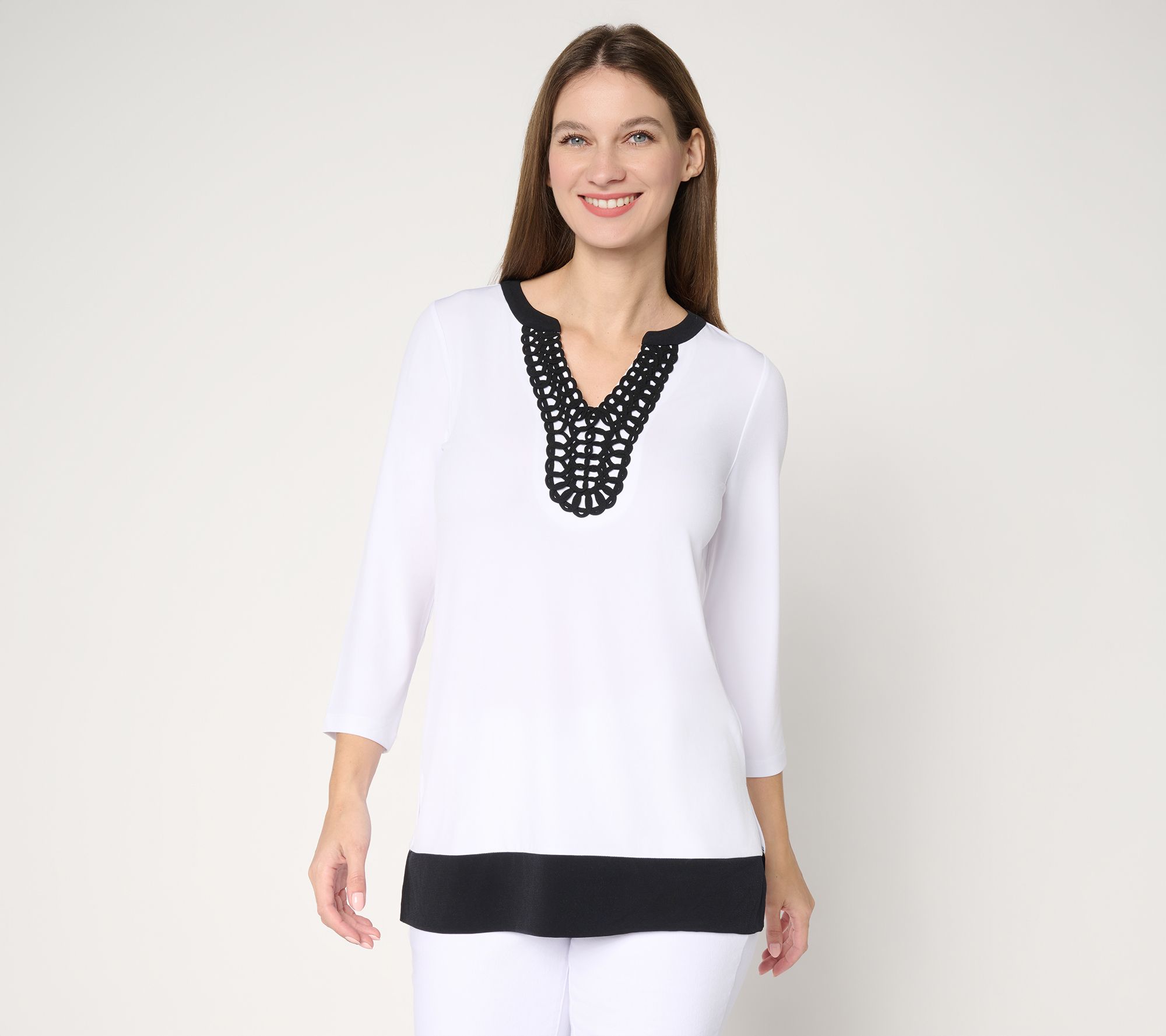 Susan Graver Regular Liquid Knit Split-Neck Tunic with Trim Detail