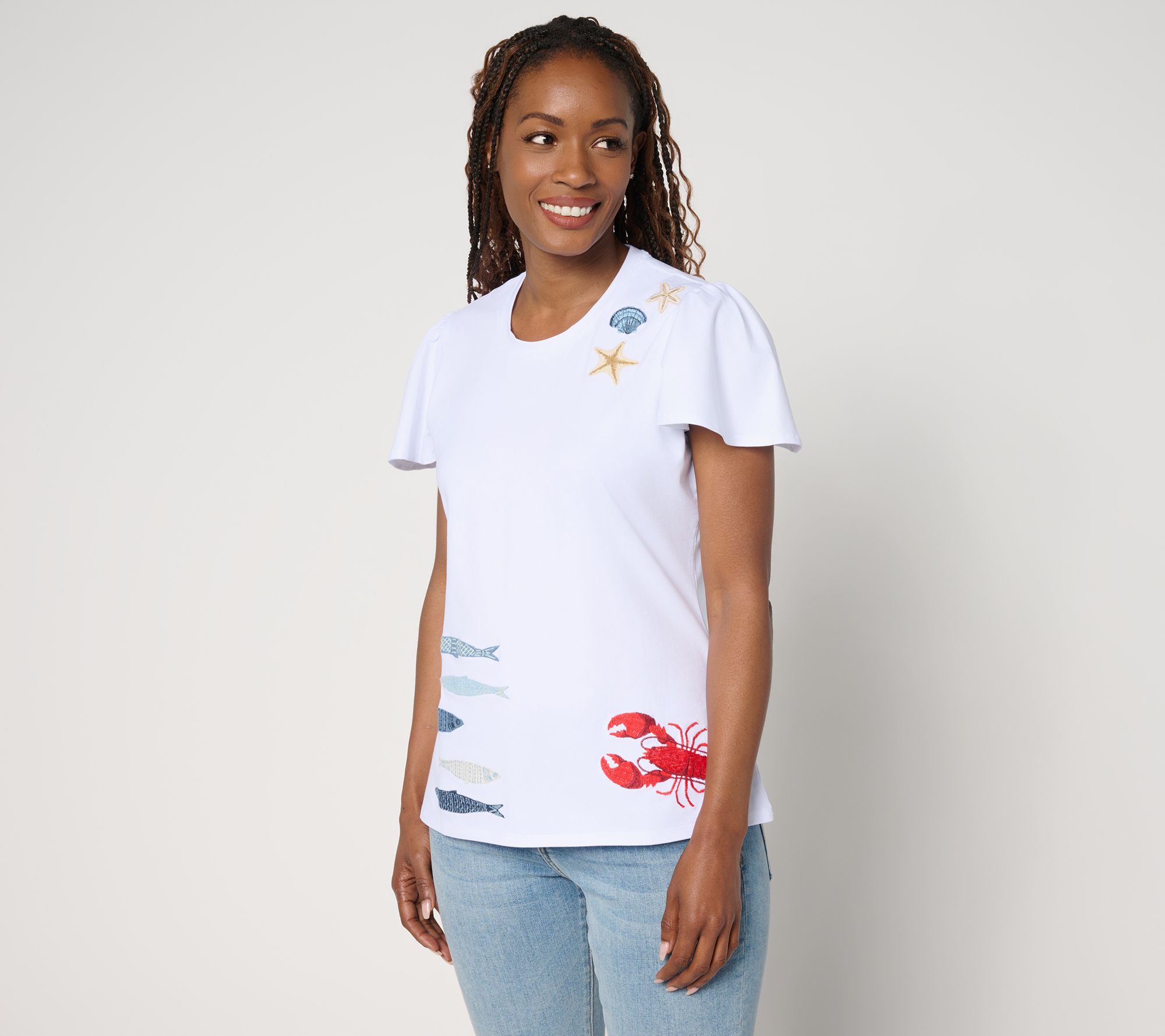 "As Is" Driftwood Jeans Relaxed Flutter Tee - Seaside Social