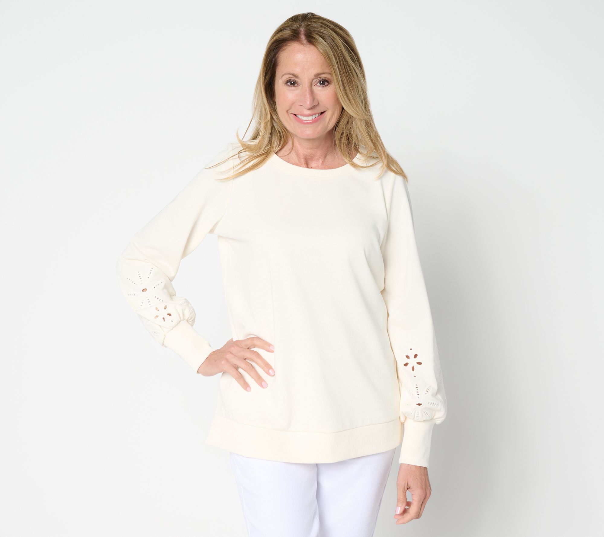 "As Is" Belle by Kim Gravel Floral Eyelet Sleeve Sweatshirt