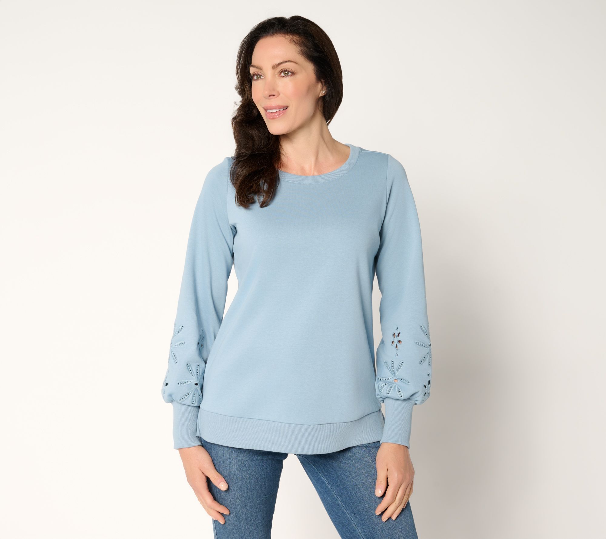 "As Is" Belle by Kim Gravel Floral Eyelet Sleeve Sweatshirt