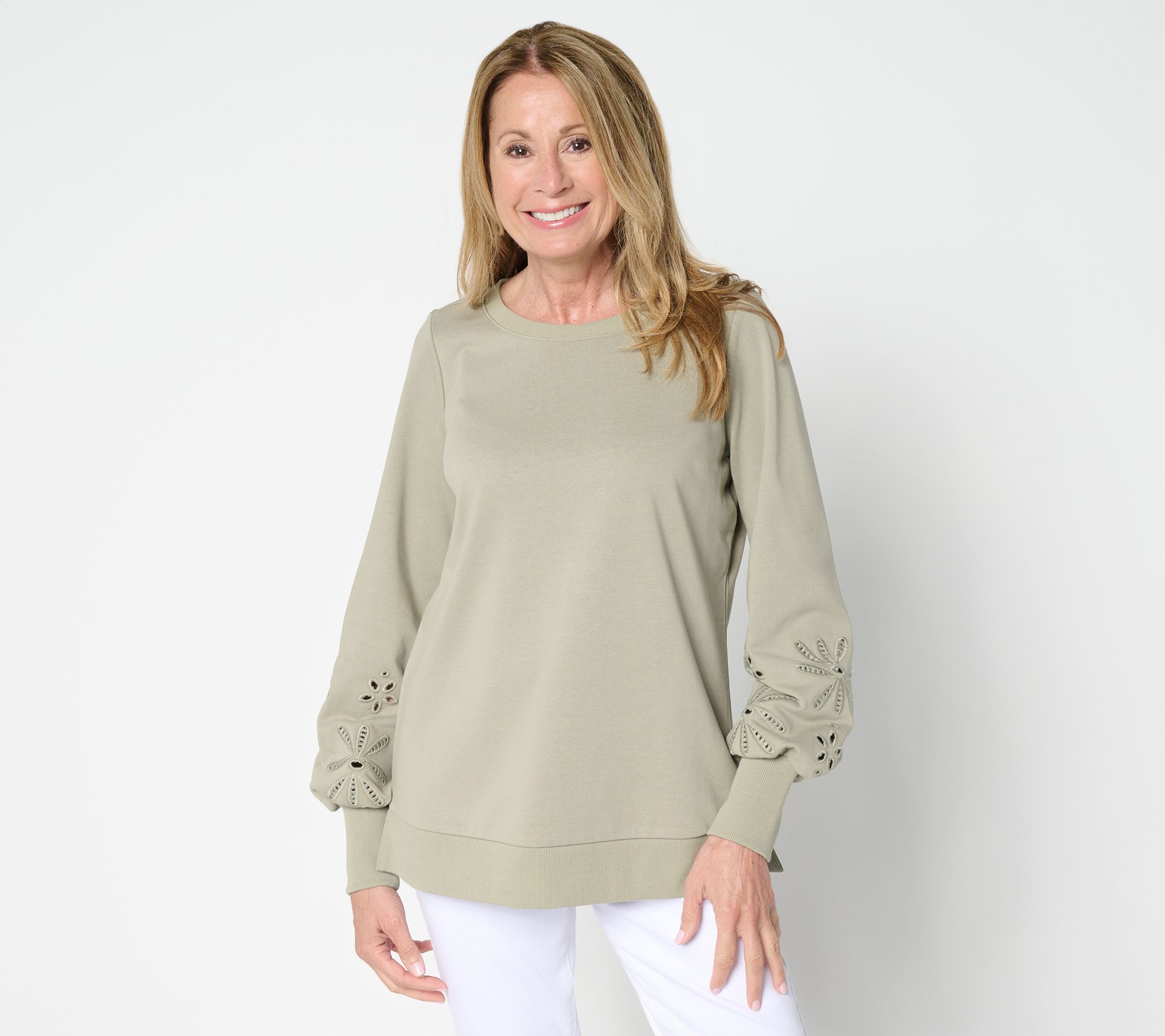 "As Is" Belle by Kim Gravel Floral Eyelet Sleeve Sweatshirt