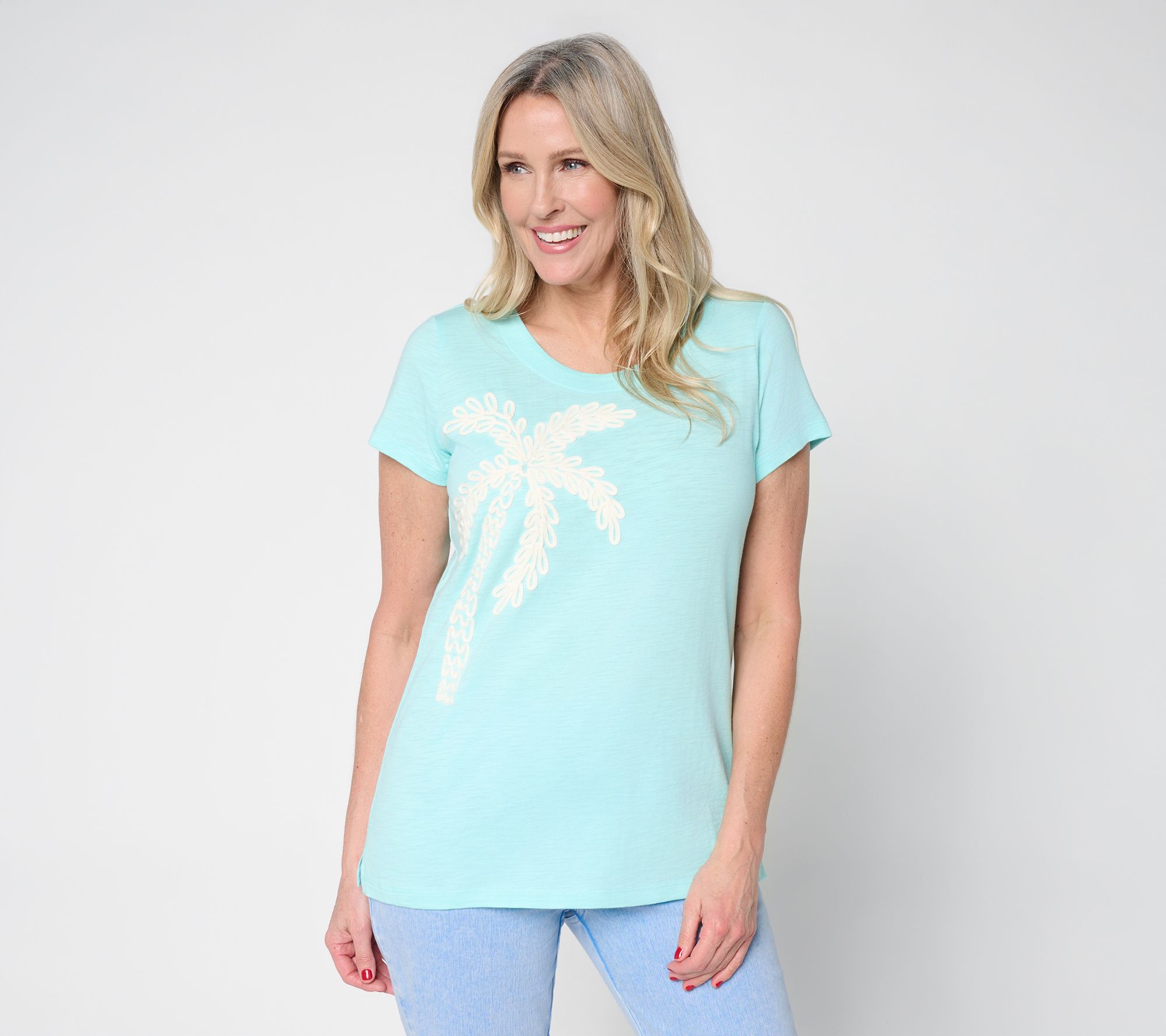 Belle Beach by Kim Gravel Slub Knit Stay Palm & Carry On Short Slv Top