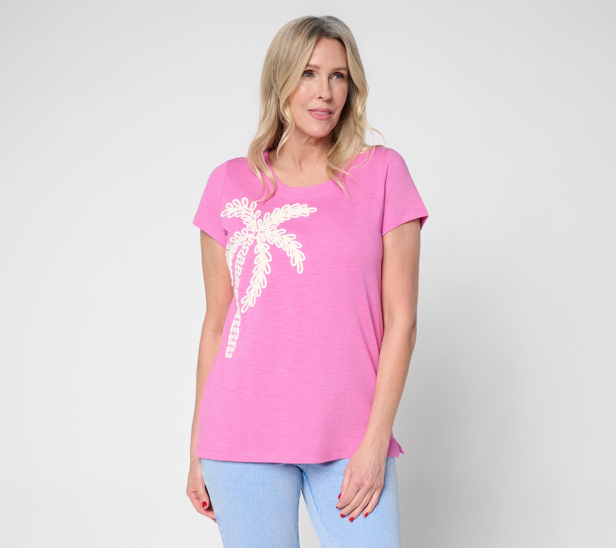 Belle Beach by Kim Gravel Slub Knit Stay Palm & Carry On Short Slv Top