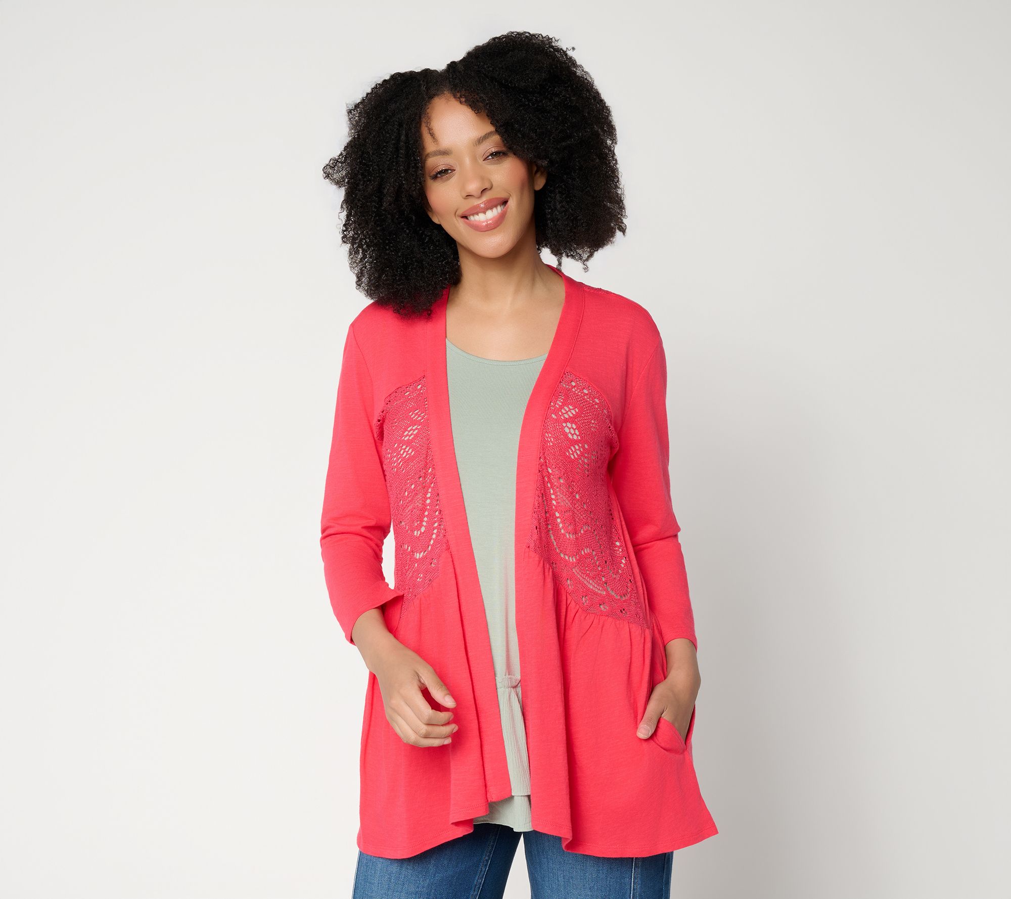  LOGO by Lori Goldstein Mixed Media Cotton and Lace Cardigan