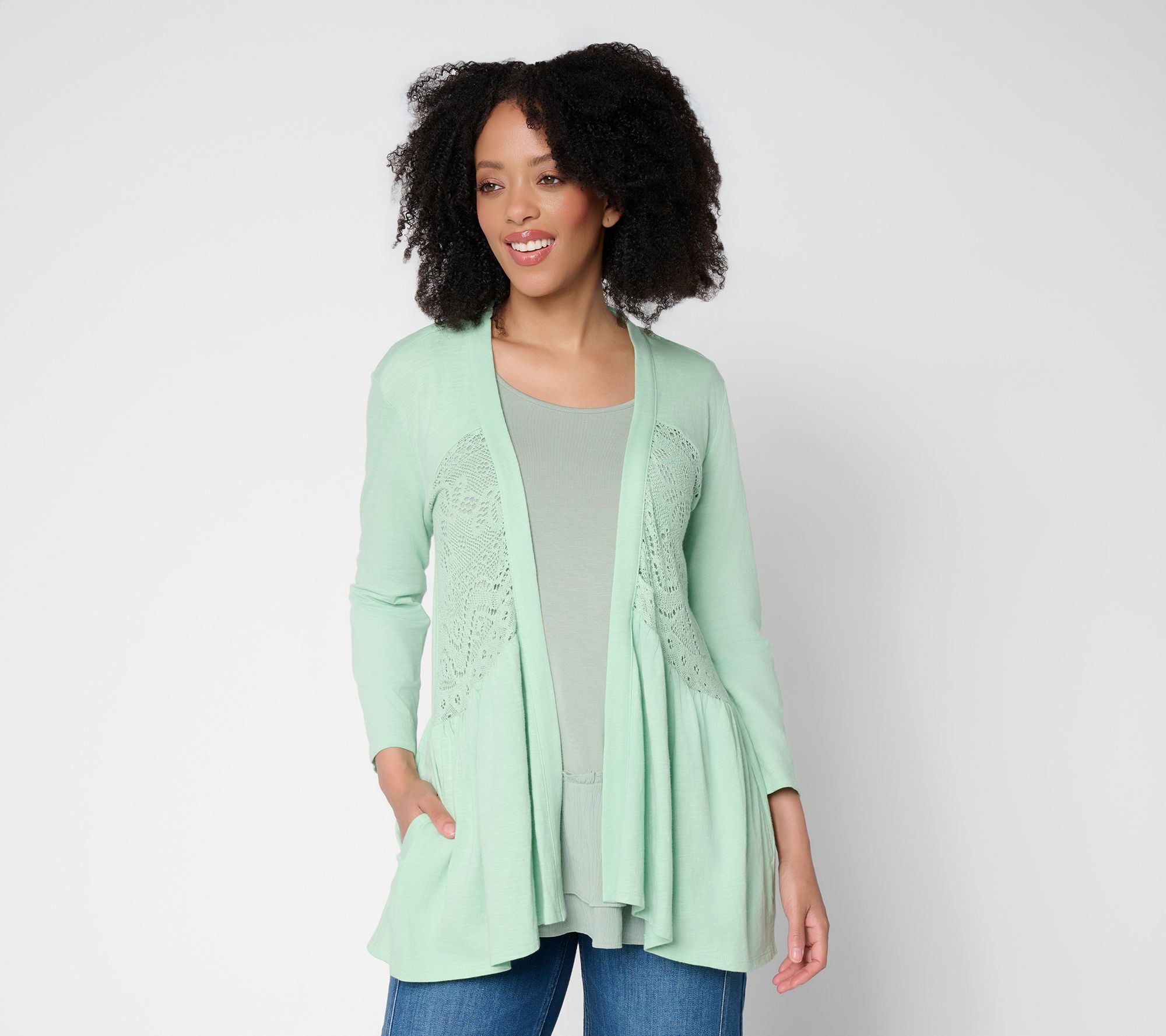 LOGO by Lori Goldstein Mixed Media Cotton and Lace Cardigan