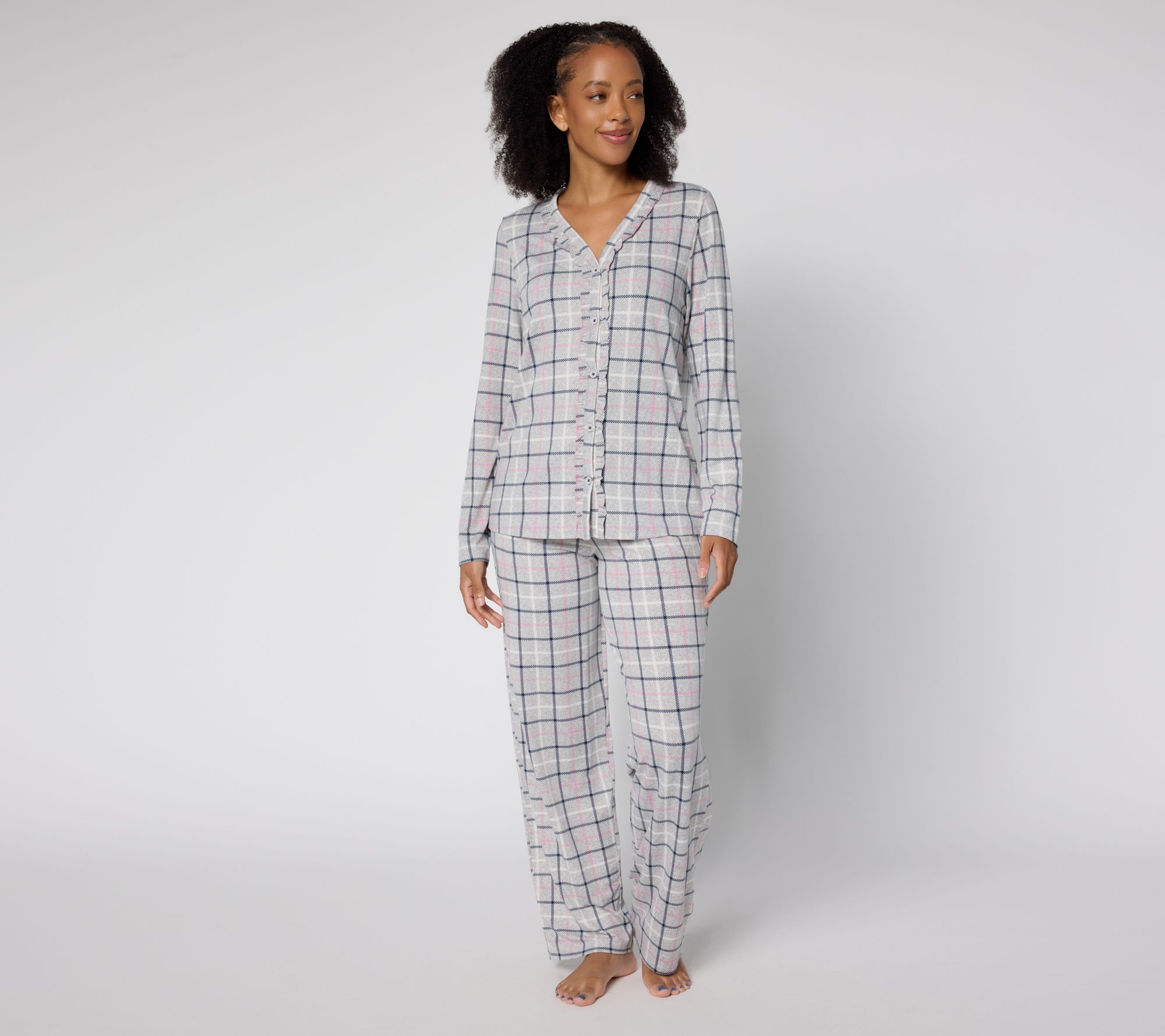 "As Is" Cuddl Duds Cozy Jersey Ruffle Cardigan PJ Set