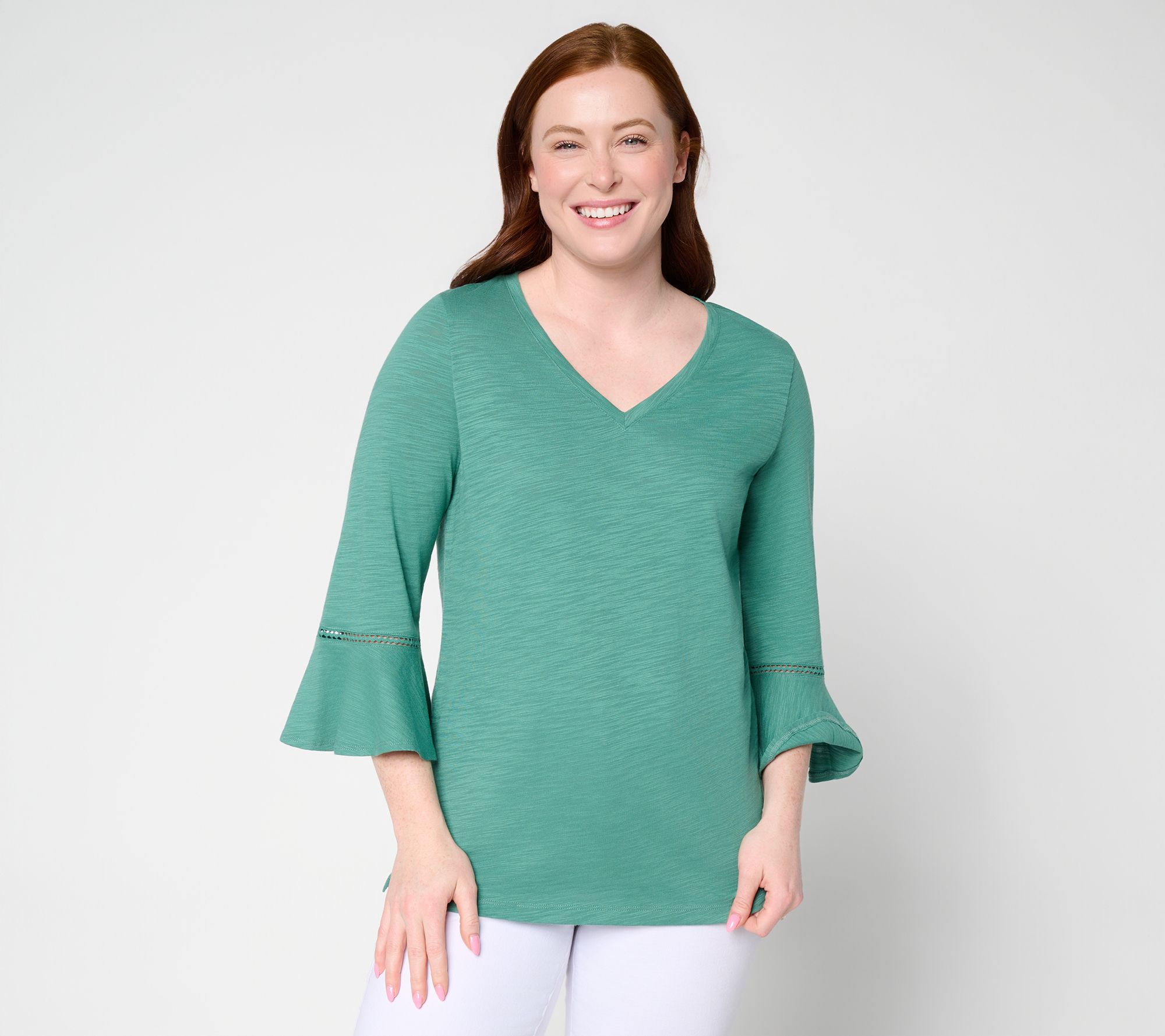Belle by Kim Gravel Slub Knit Flutter Sleeve V Neck Top