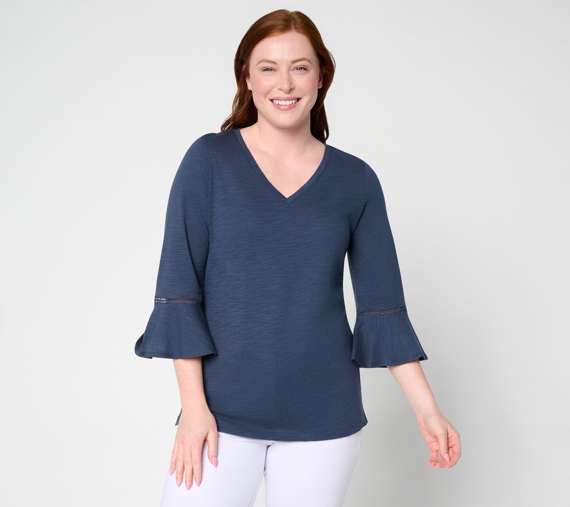 Belle by Kim Gravel Slub Knit Flutter Sleeve V Neck Top