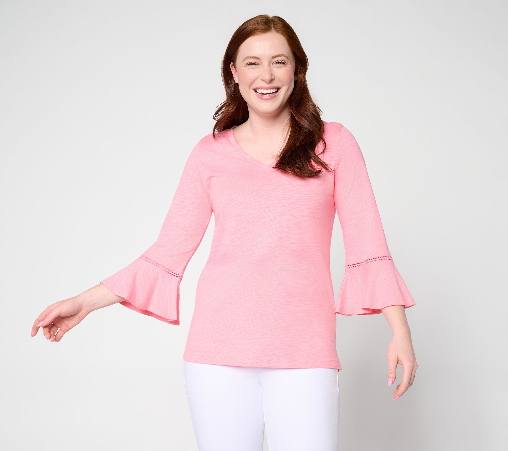 Belle by Kim Gravel Slub Knit Flutter Sleeve V Neck Top