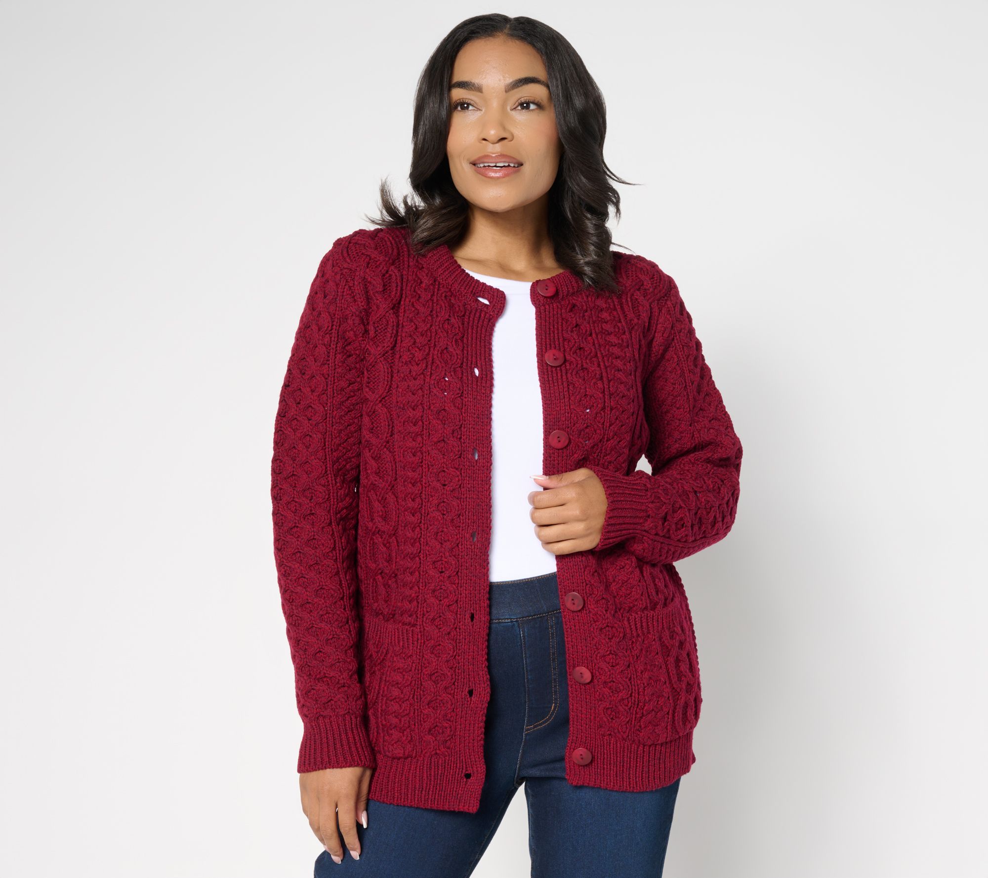 "As Is" Aran Crafts Merino Wool Button- Front Cardigan with Pockets