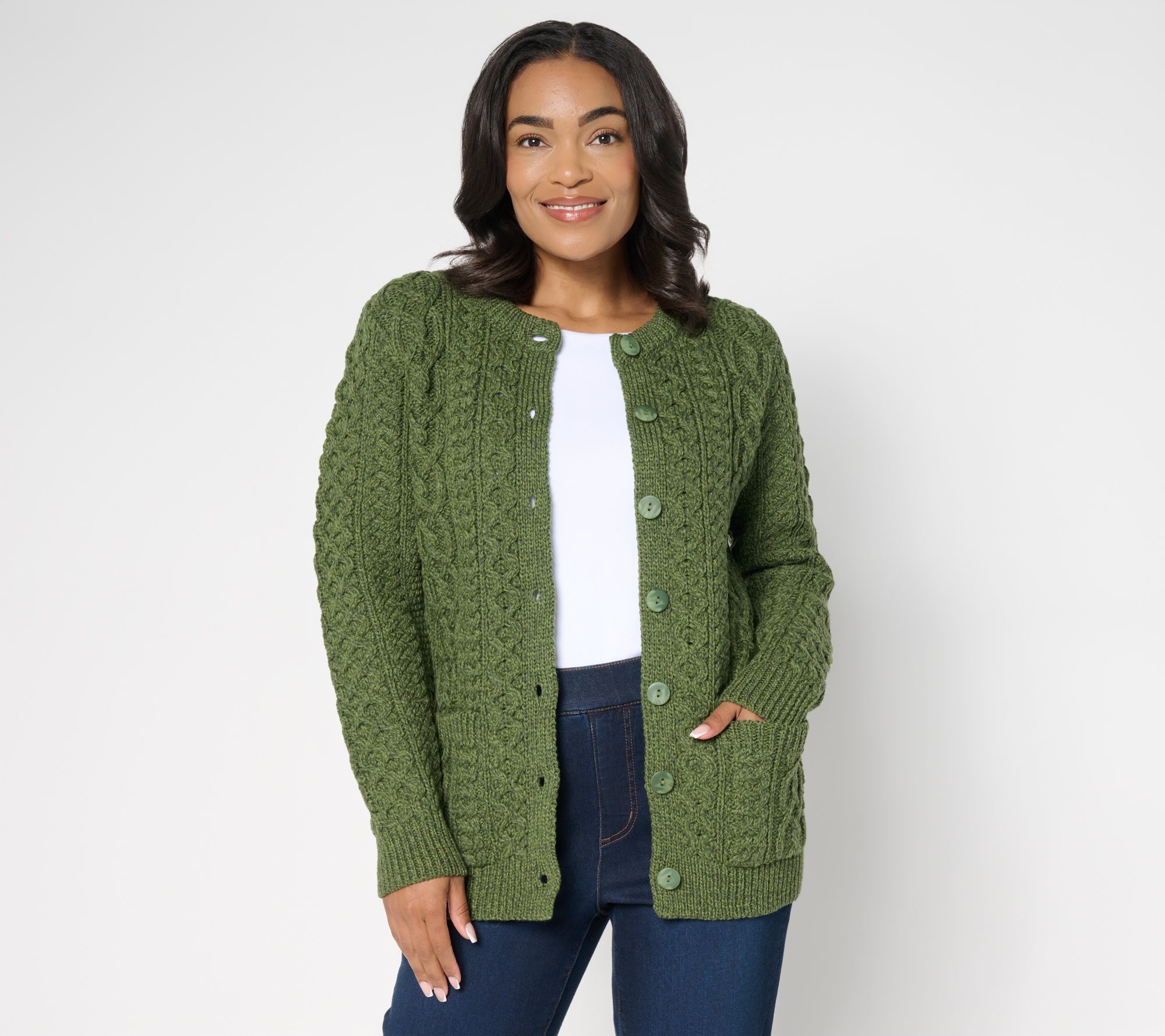 "As Is" Aran Crafts Merino Wool Button- Front Cardigan with Pockets