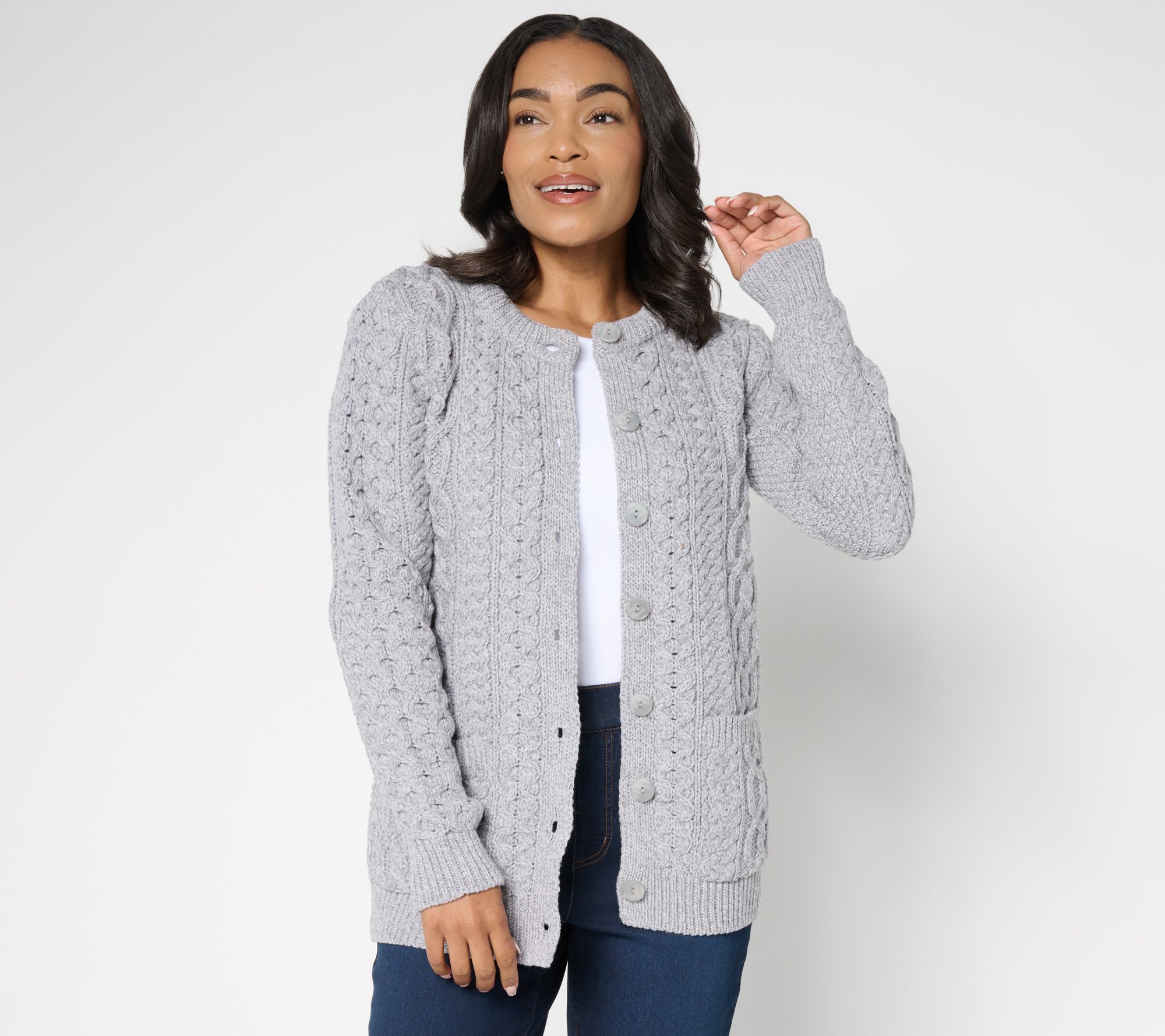 "As Is" Aran Crafts Merino Wool Button- Front Cardigan with Pockets