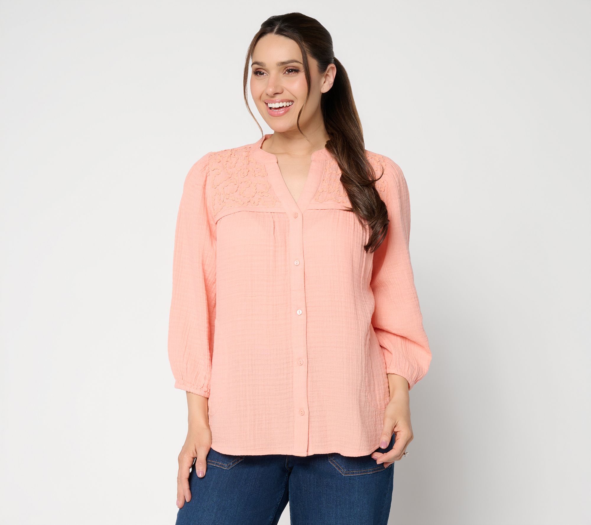 LOGO by Lori Goldstein 100% Cotton Button Front Woven Blouse