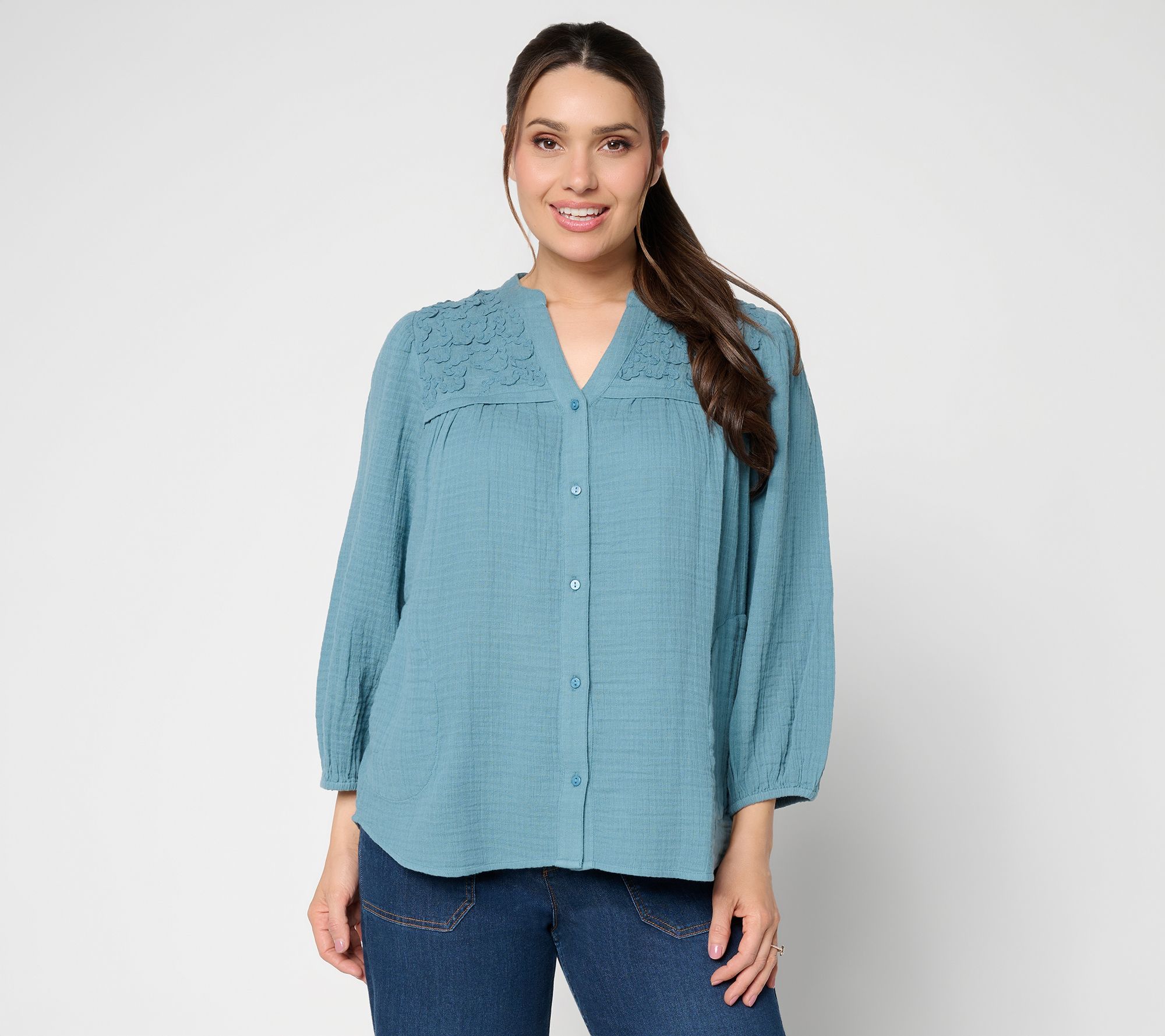 LOGO by Lori Goldstein 100% Cotton Button Front Woven Blouse